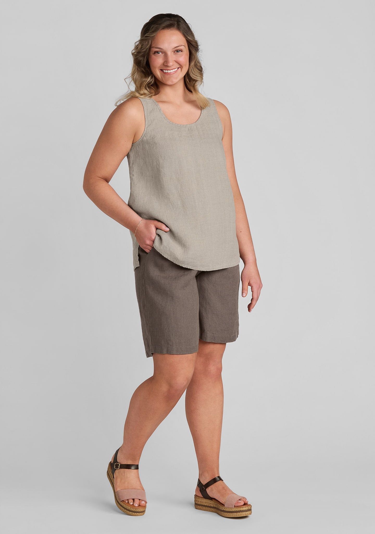 FLAX linen tank top in natural with linen shorts in brown