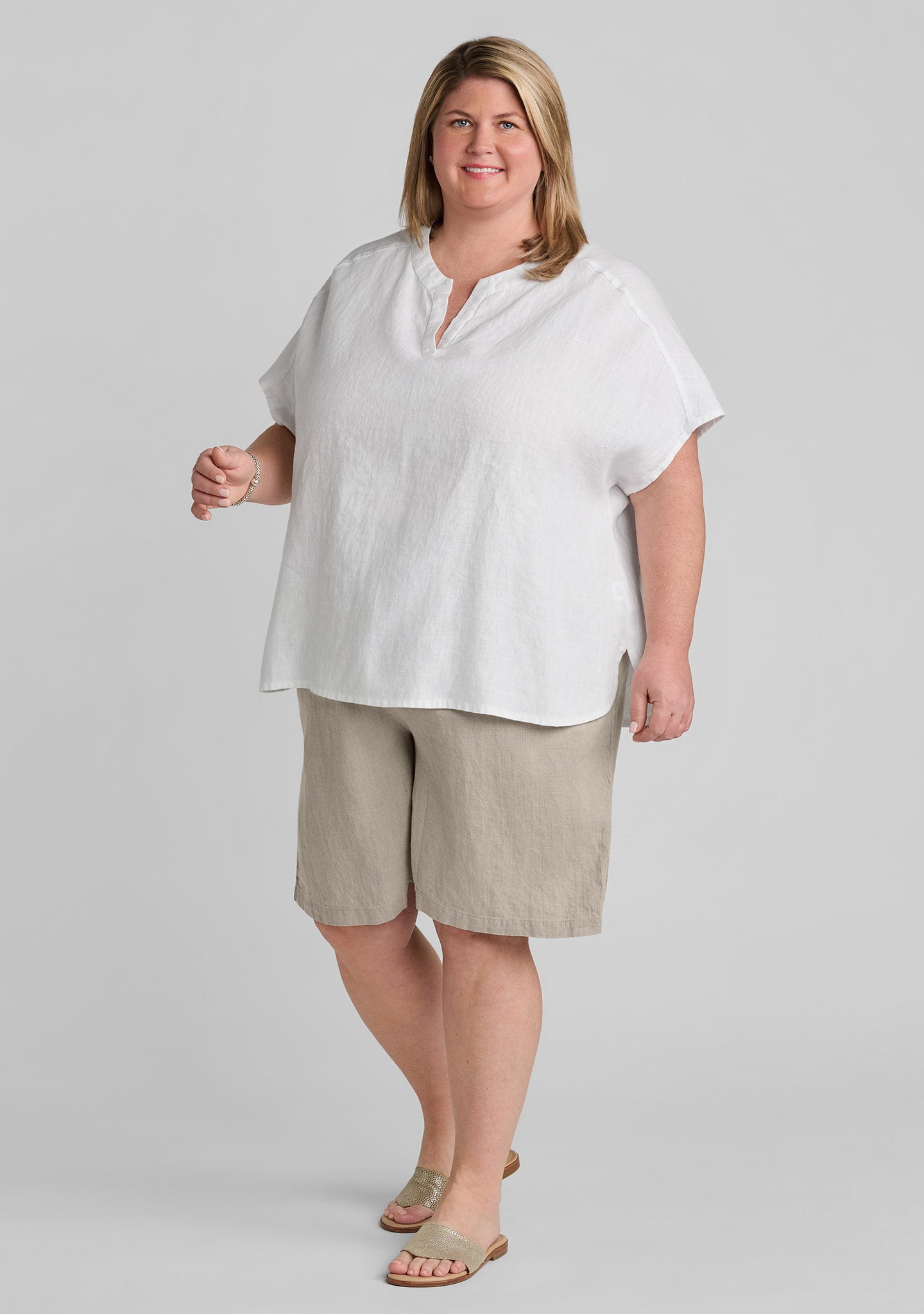 FLAX linen shirt in white with linen shorts in natural