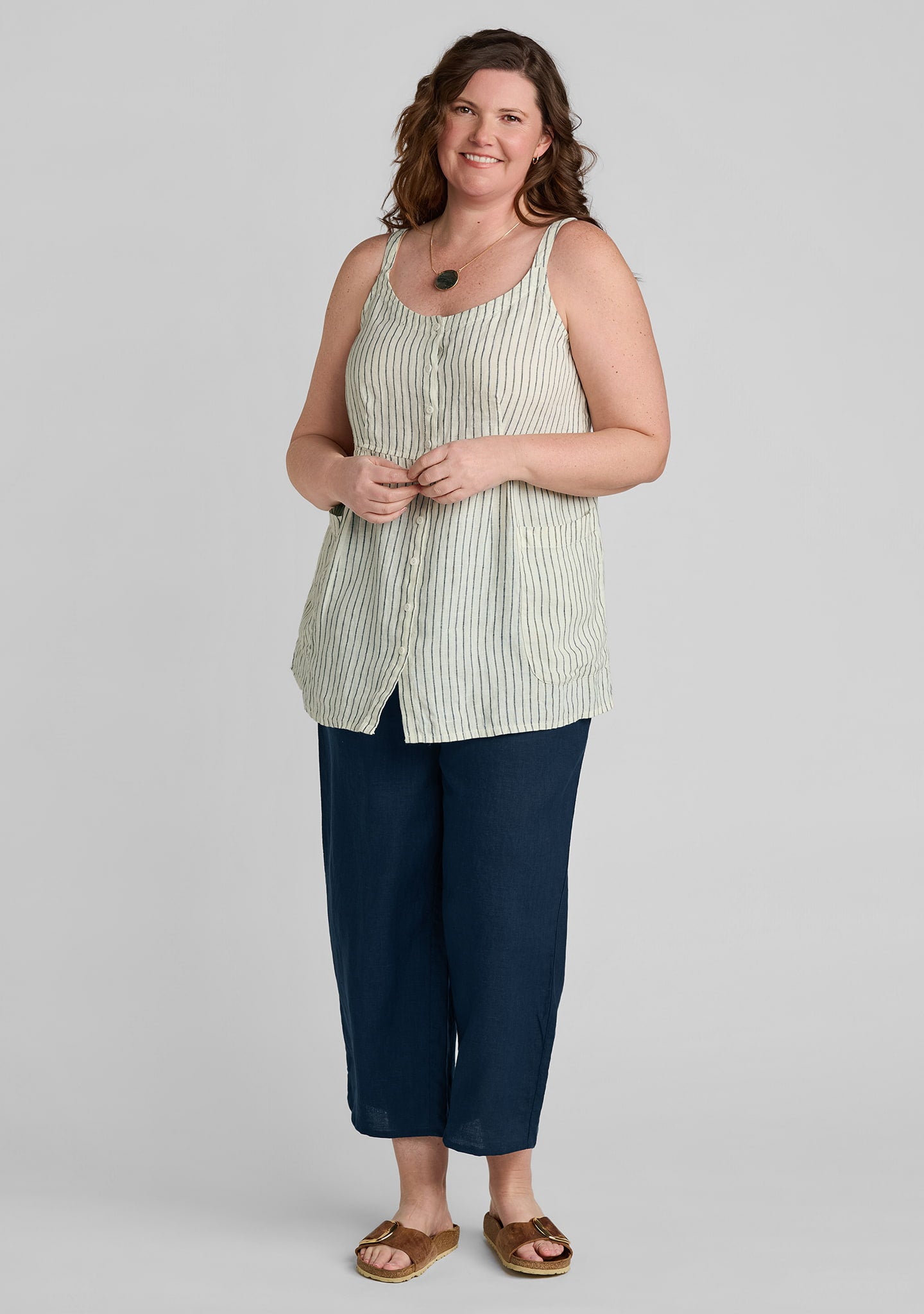 FLAX linen tank top in yellow with linen pants in blue