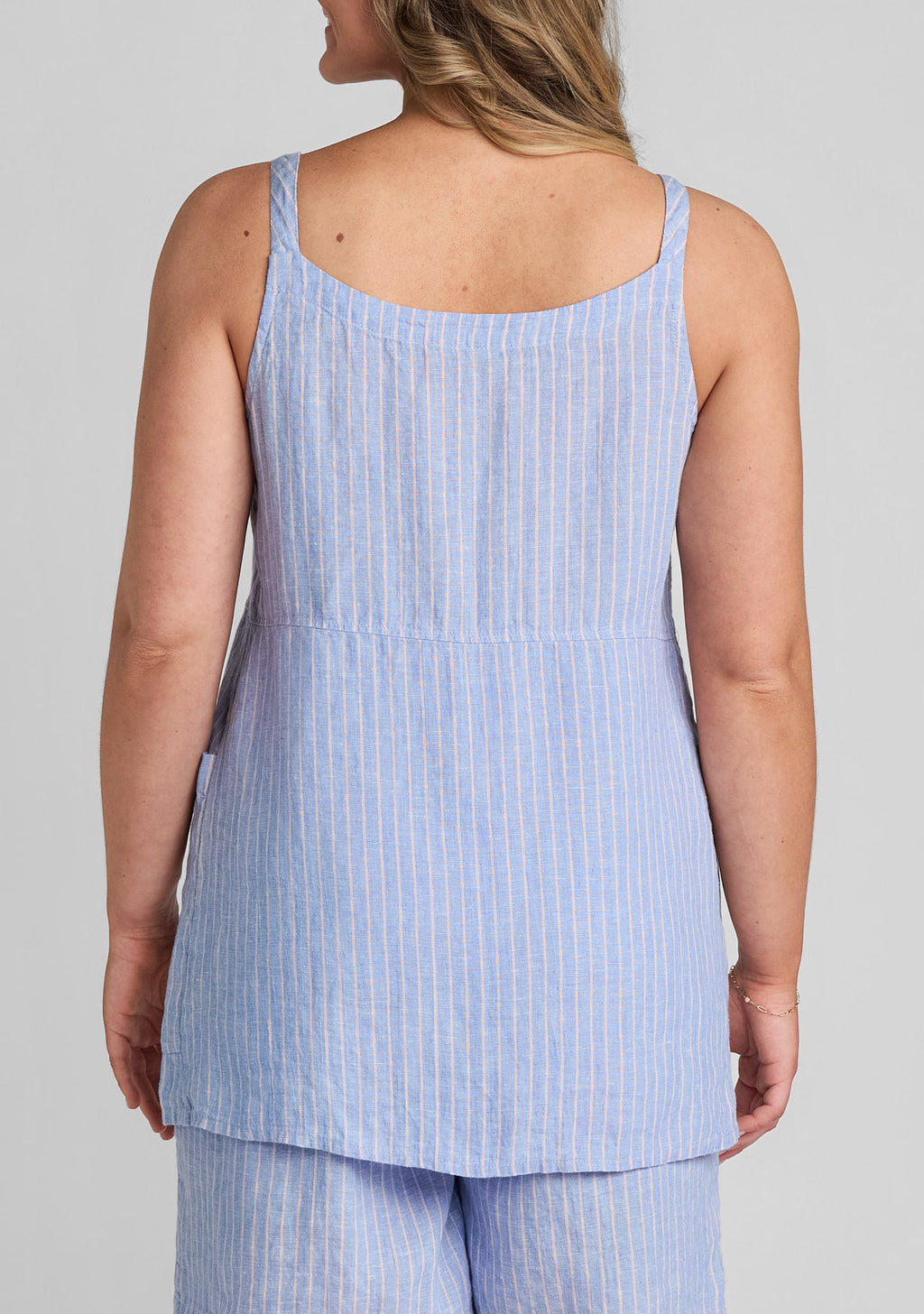 back view of blue linen sleeveless shirt
