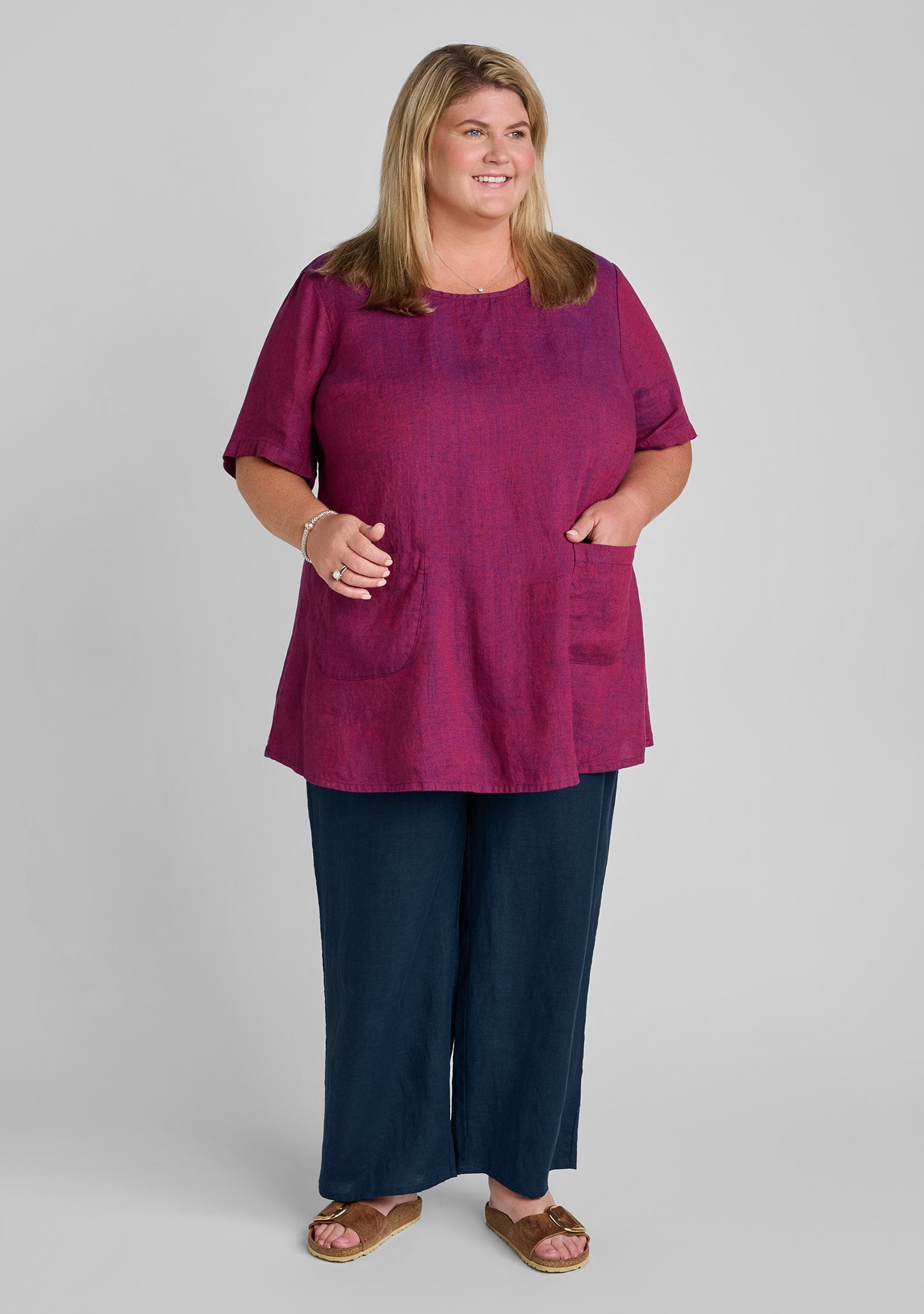 FLAX linen tee in red with linen pants in blue
