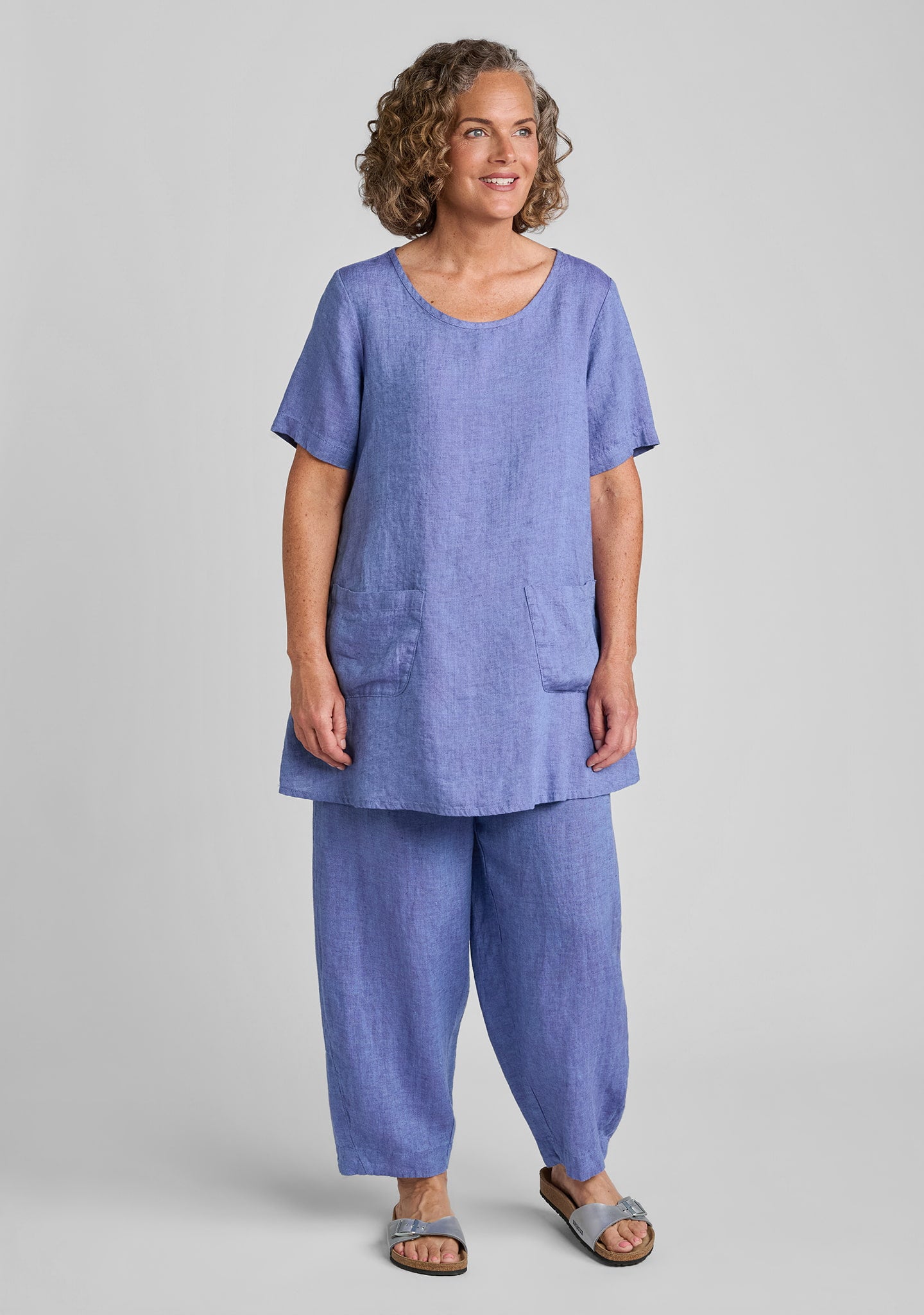 FLAX linen tee in purple with linen pants in purple
