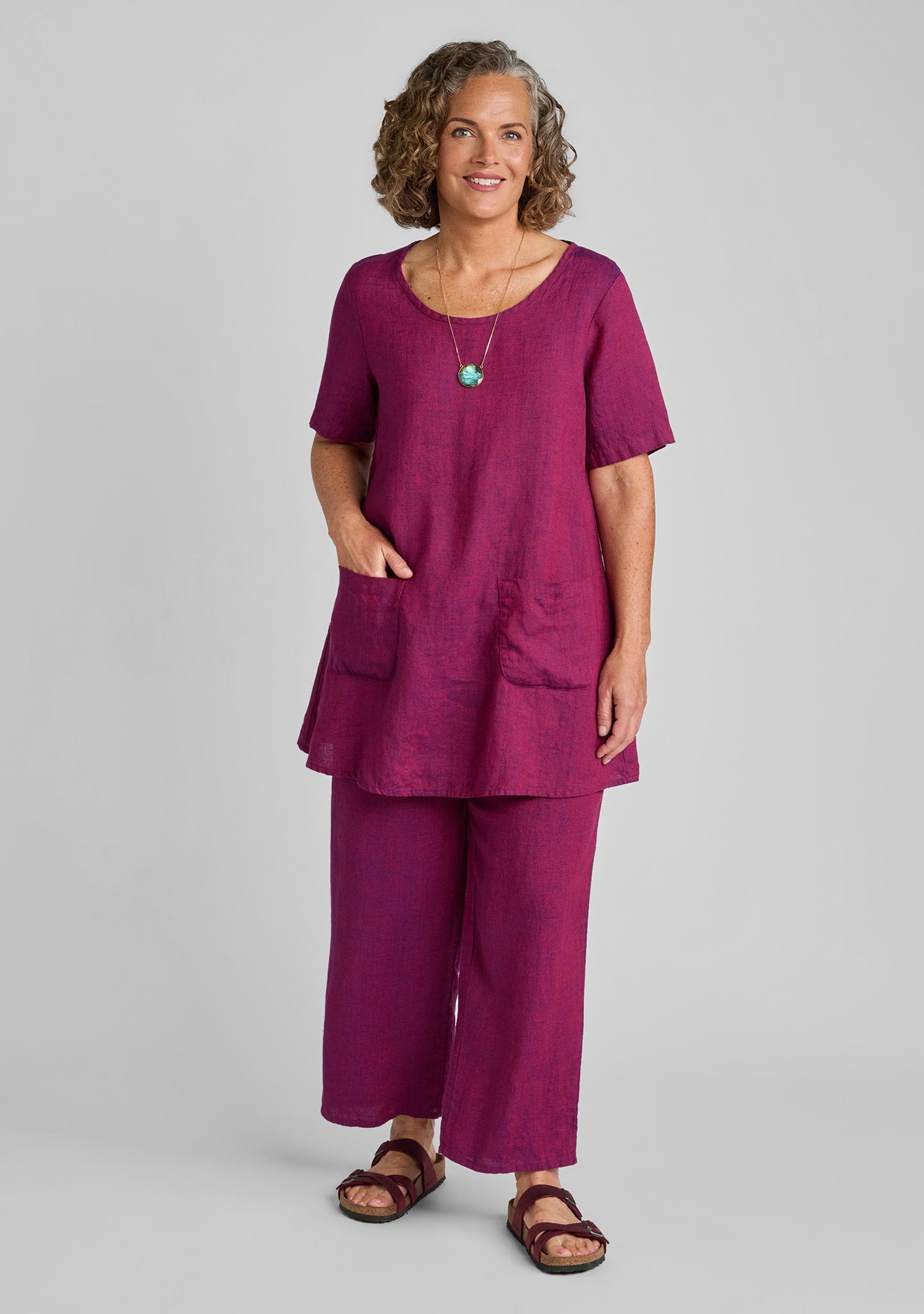 FLAX linen tee in red with linen pants in red