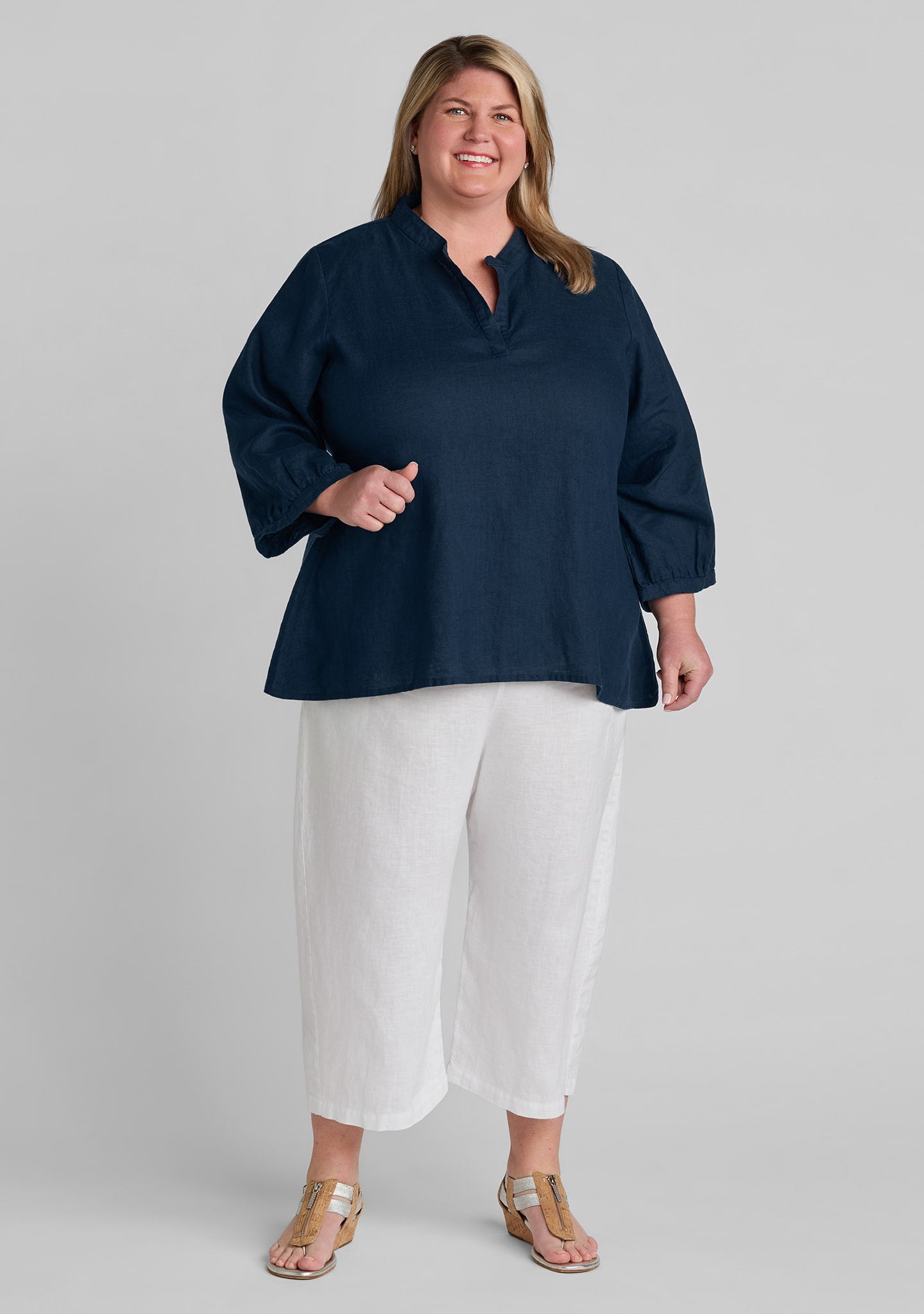 FLAX linen shirt in blue with linen pants in white