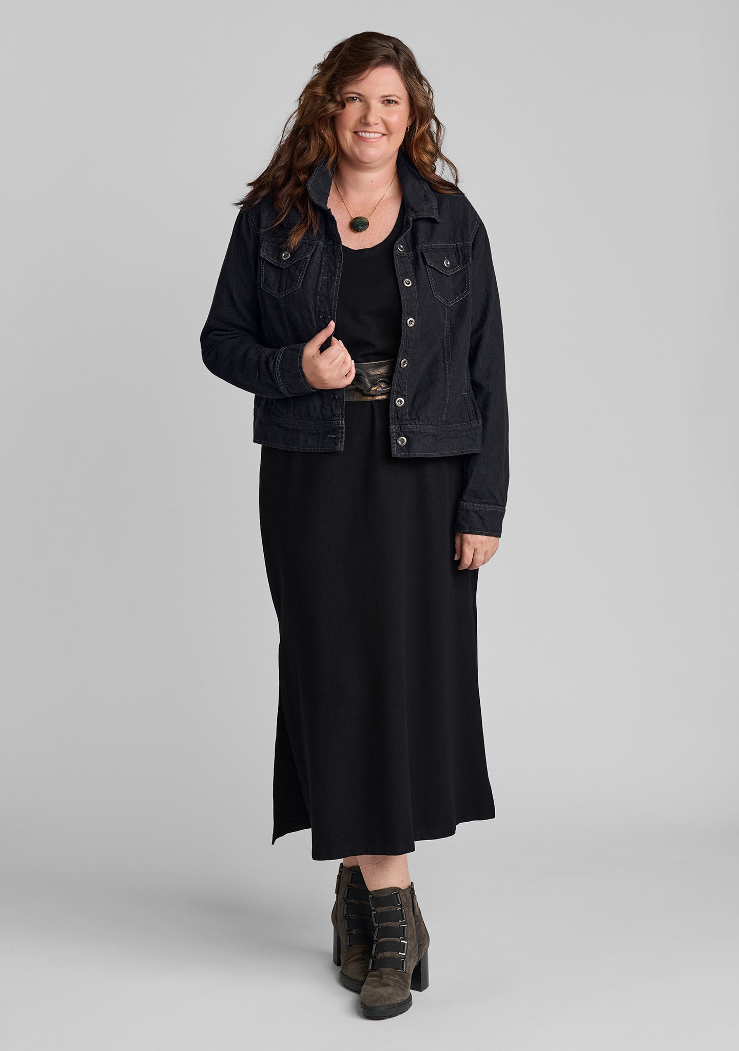 jean jacket in black with viscose dress in black