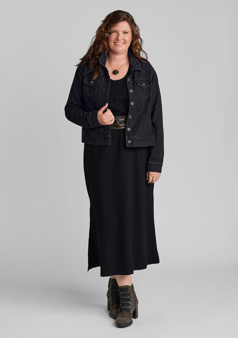jean jacket in black with viscose dress in black