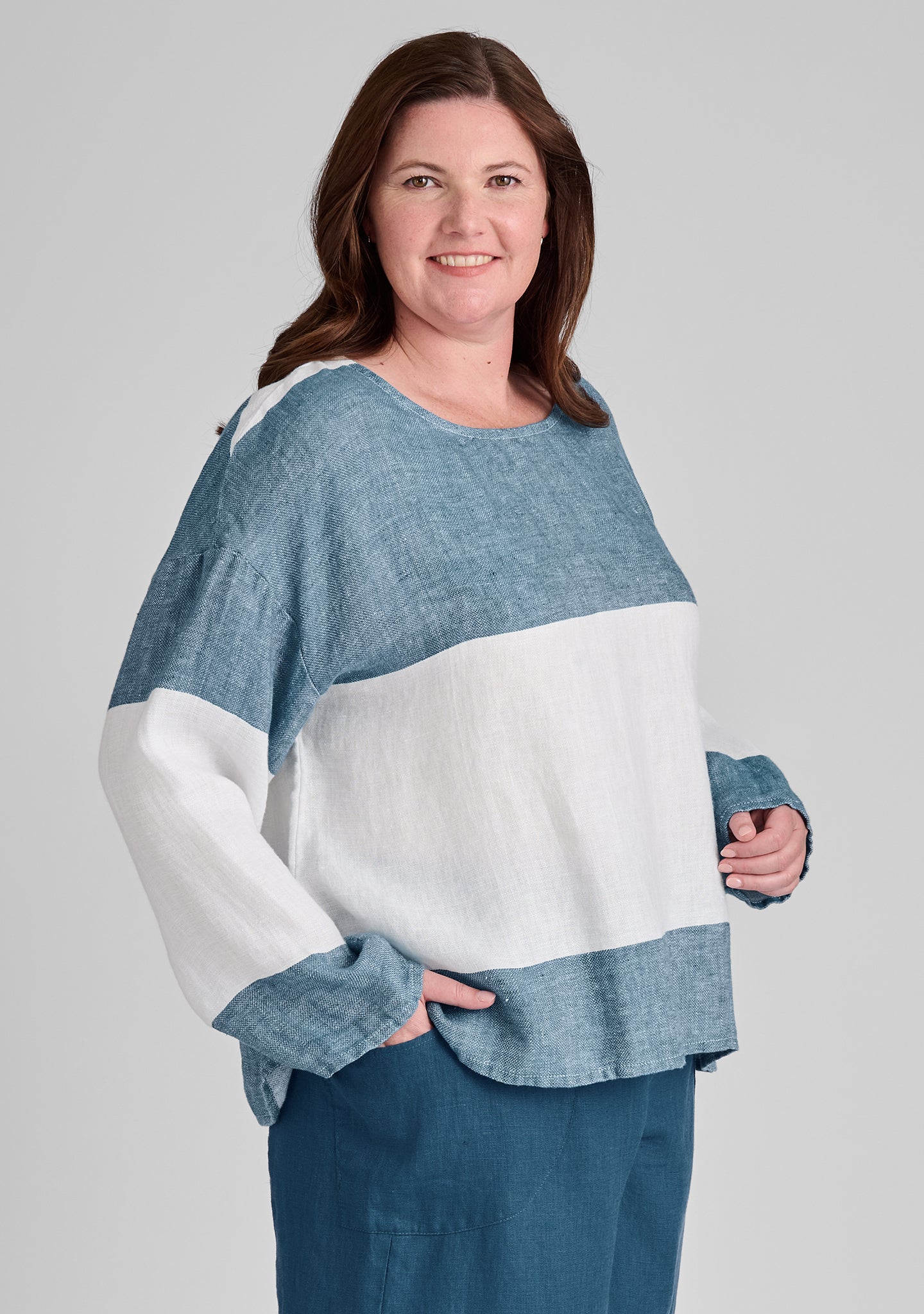 Throw It On - Long Sleeve Linen Shirt - FINAL SALE - Dark Teal Stripe