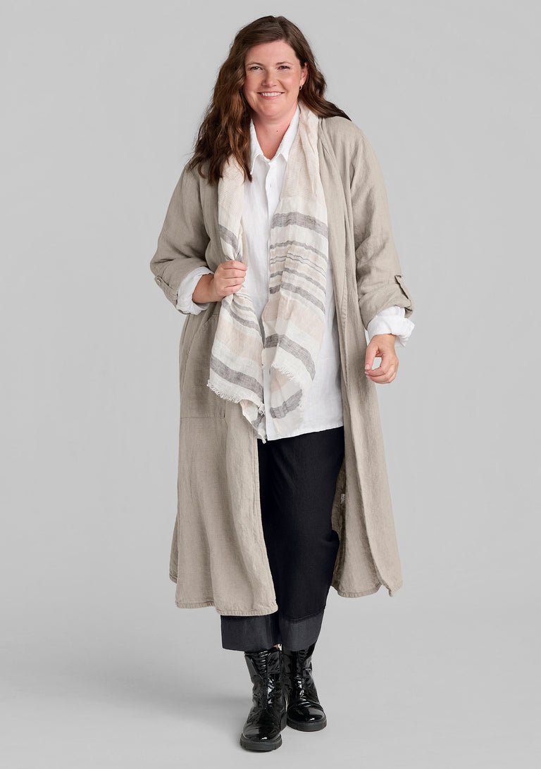 FLAX linen jacket in natural with linen shirt in white and denim pants in black