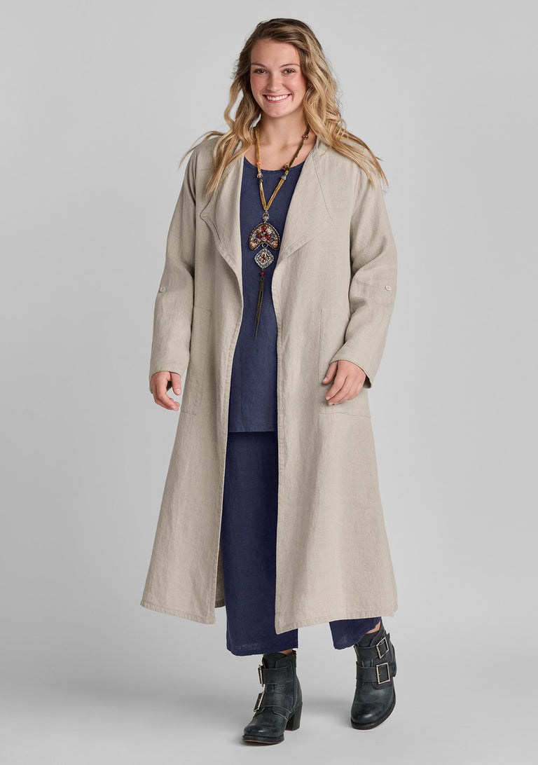 FLAX linen jacket in natural with linen shirt in blue and linen pants in blue