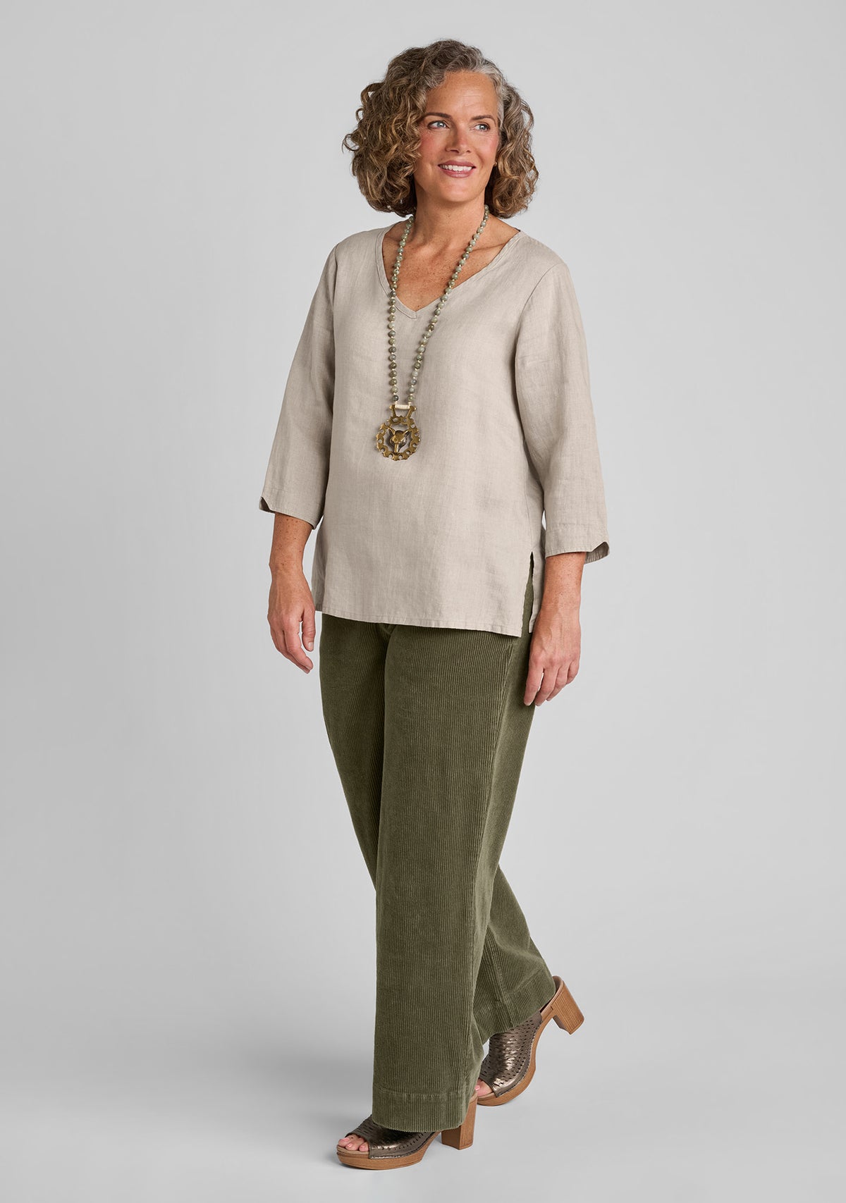 FLAX linen shirt in natural with cotton blend corduroy pants in green