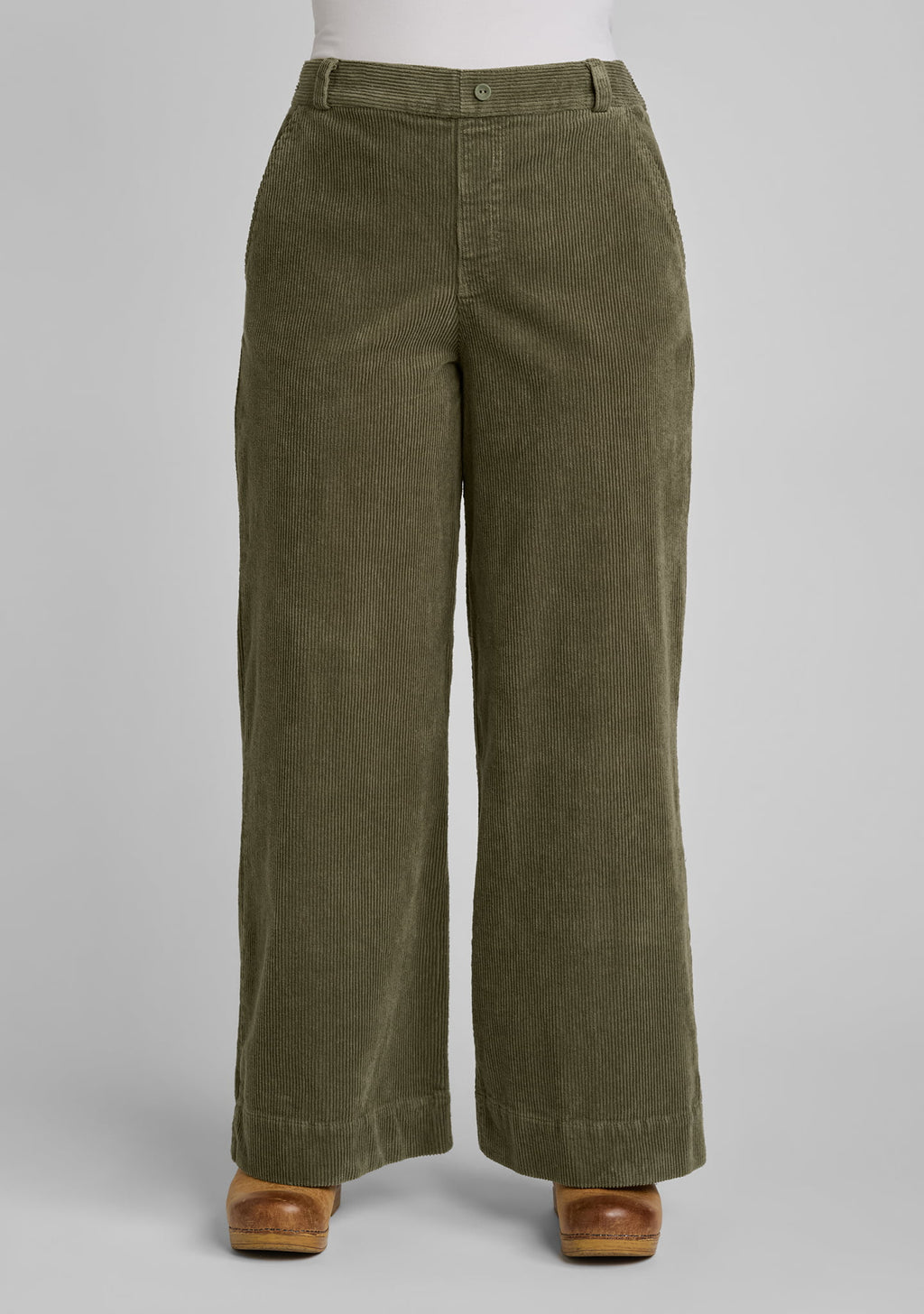 full front view of corduroy trousers in green