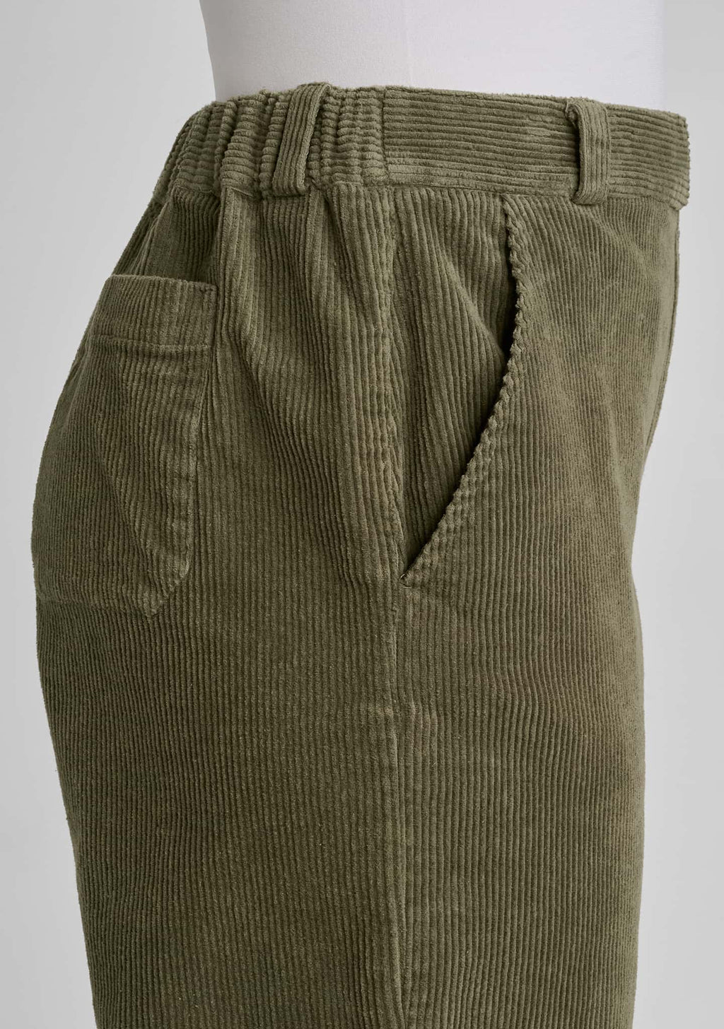 up close view of the side of the trouser showing waist and pocket detail