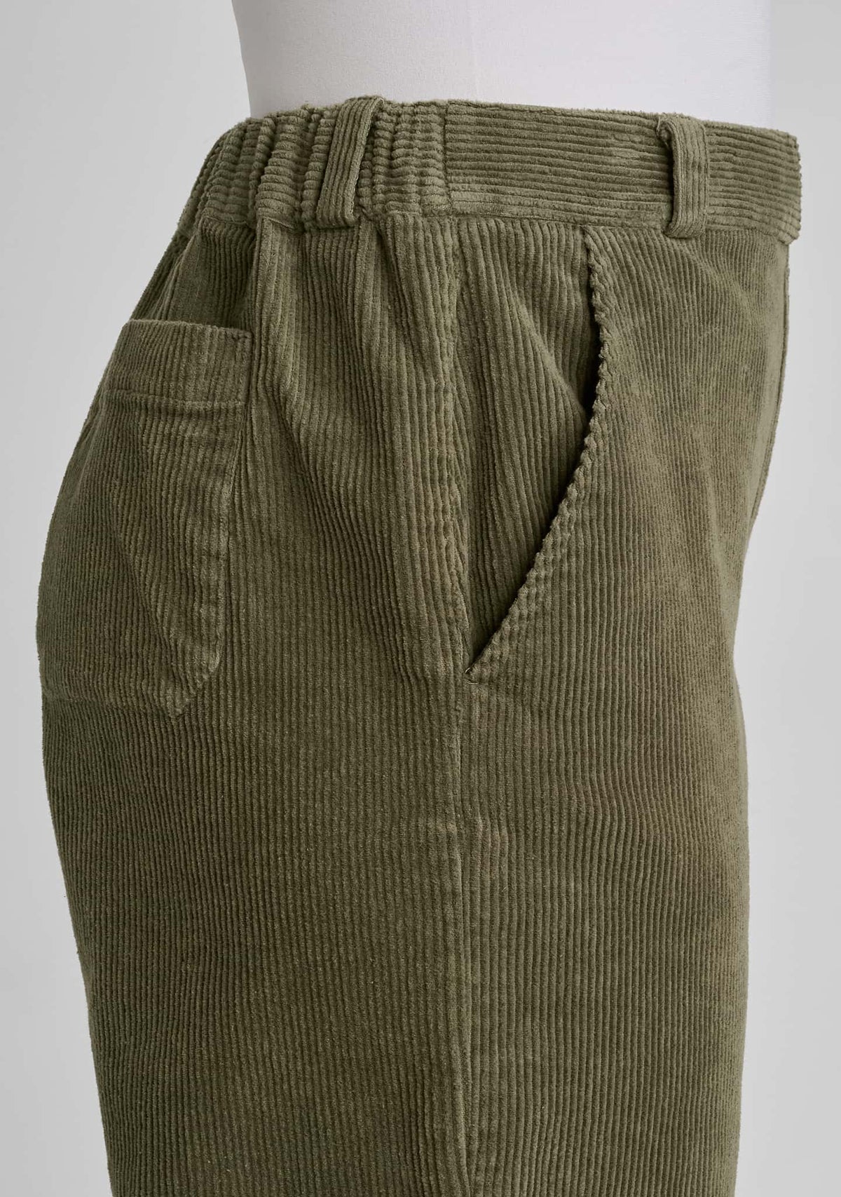 up close view of the side of the trouser showing waist and pocket detail