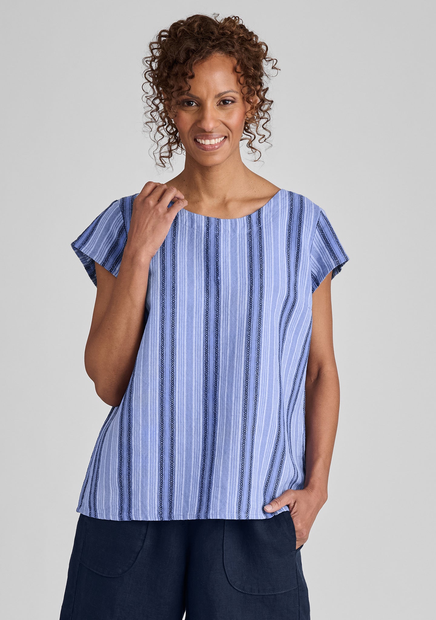 Tuck Back Tee - Linen T Shirt - FINAL SALE - Sky Stripe