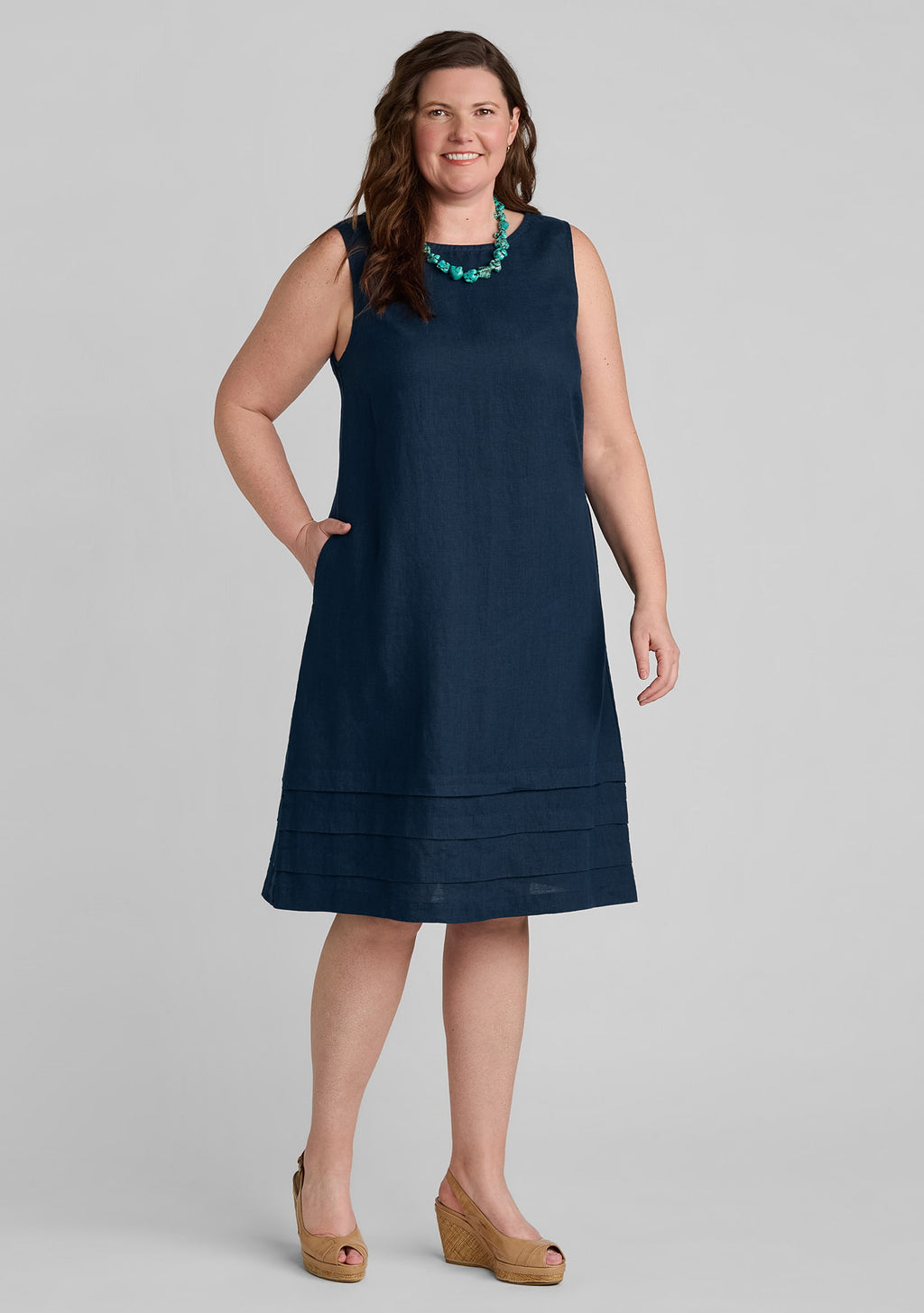 tuck dress linen shift dress blue