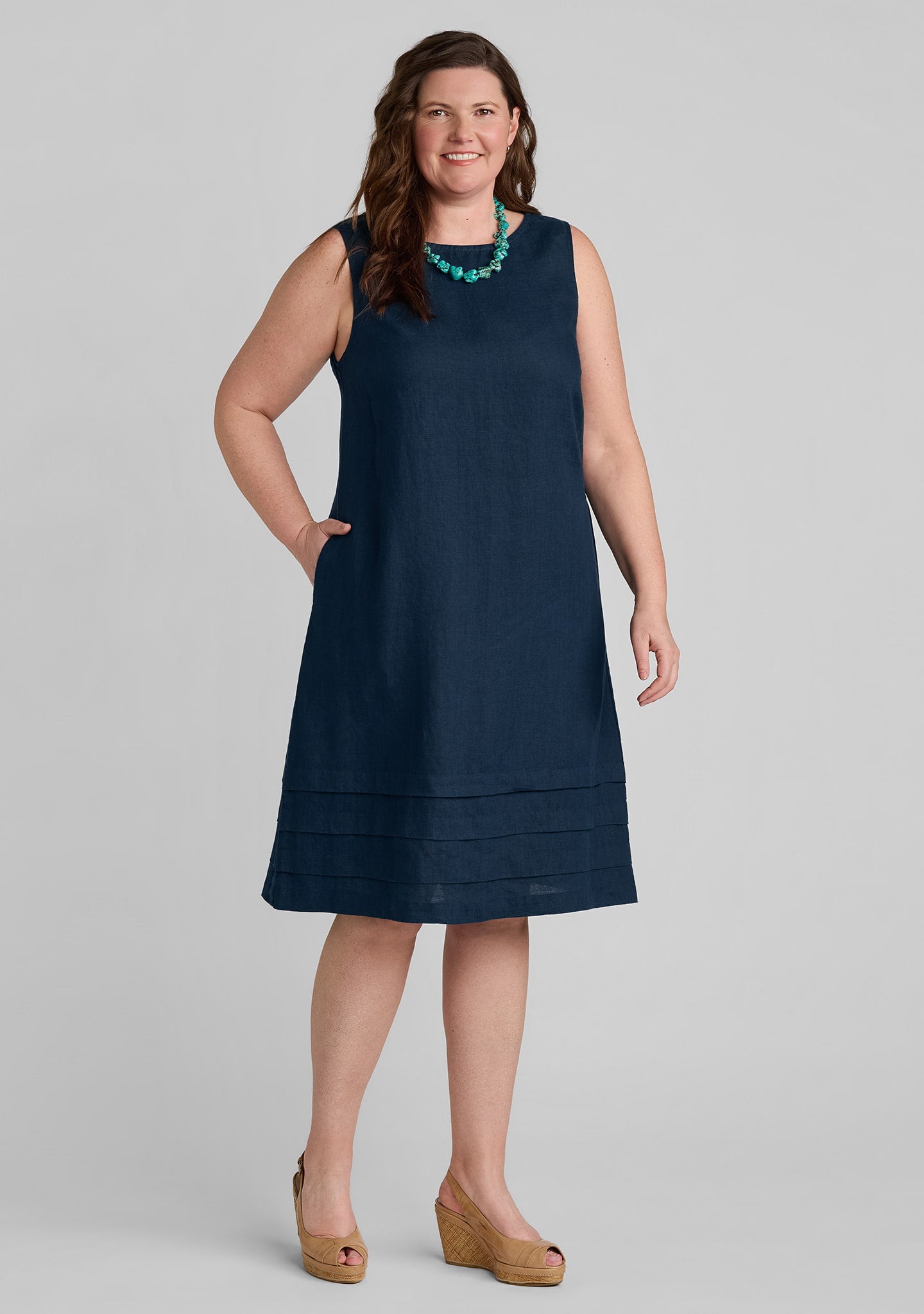 tuck dress linen shift dress blue
