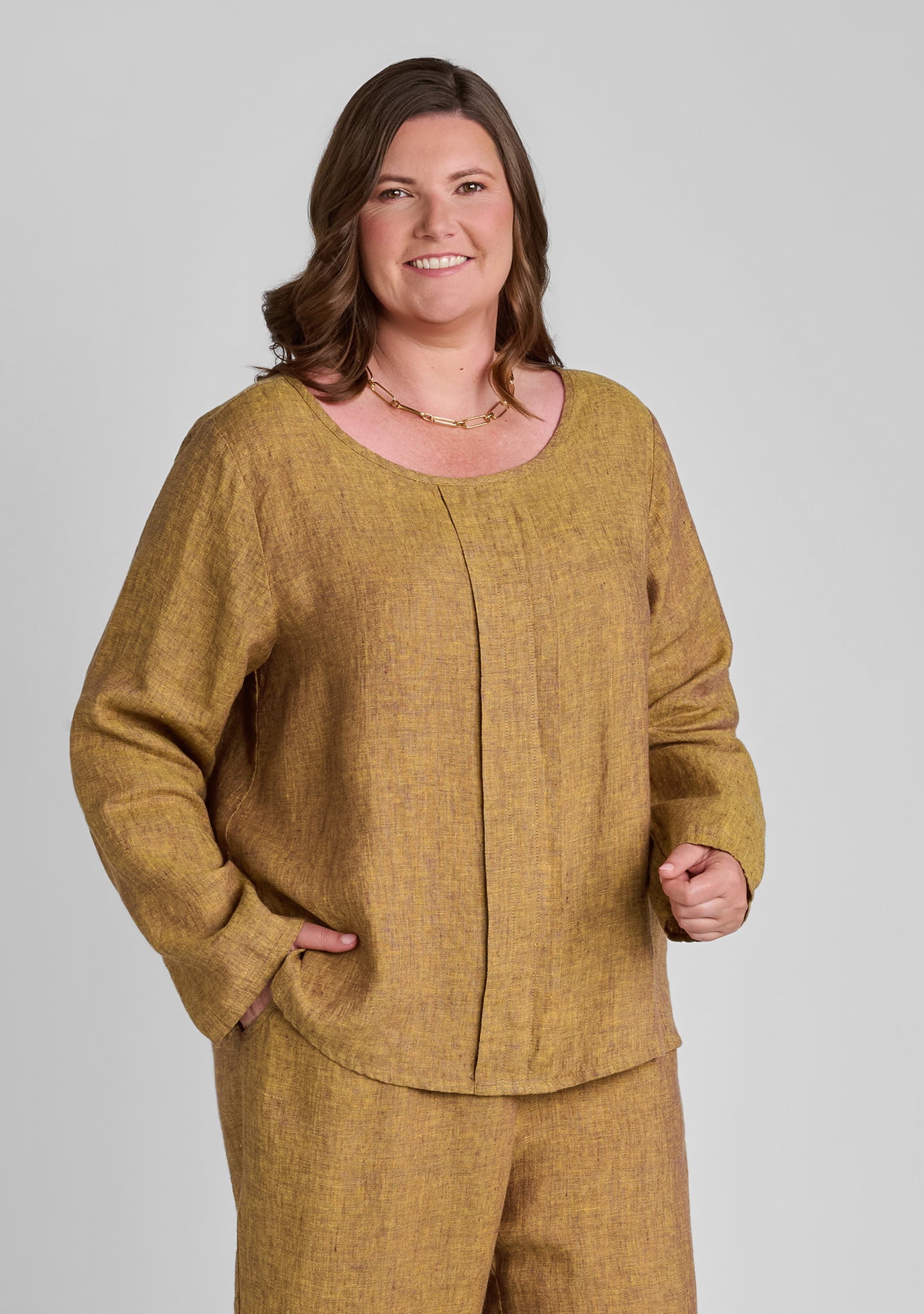 uniform blouse long sleeve linen pullover brown