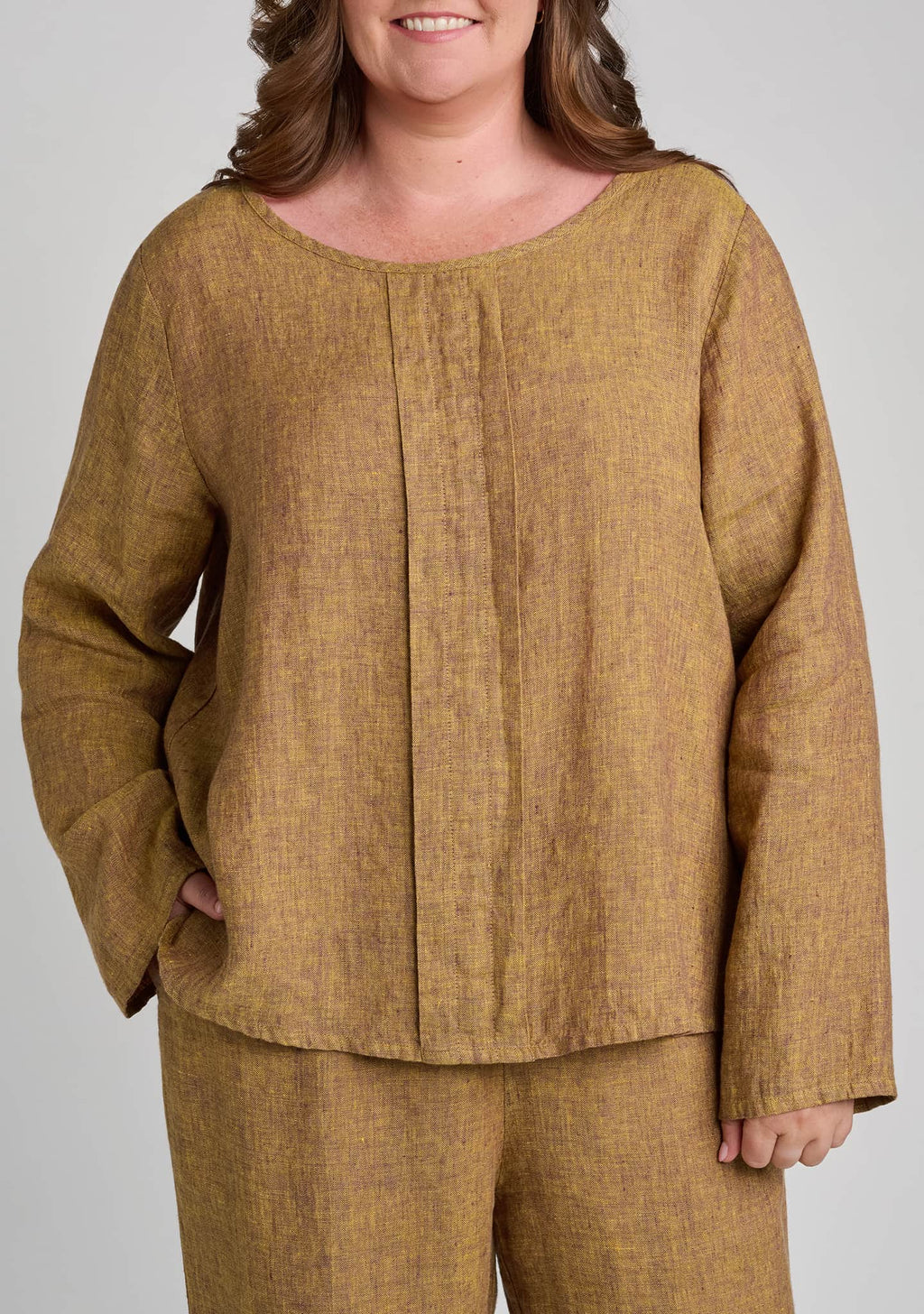 close up view of linen pullover in brown