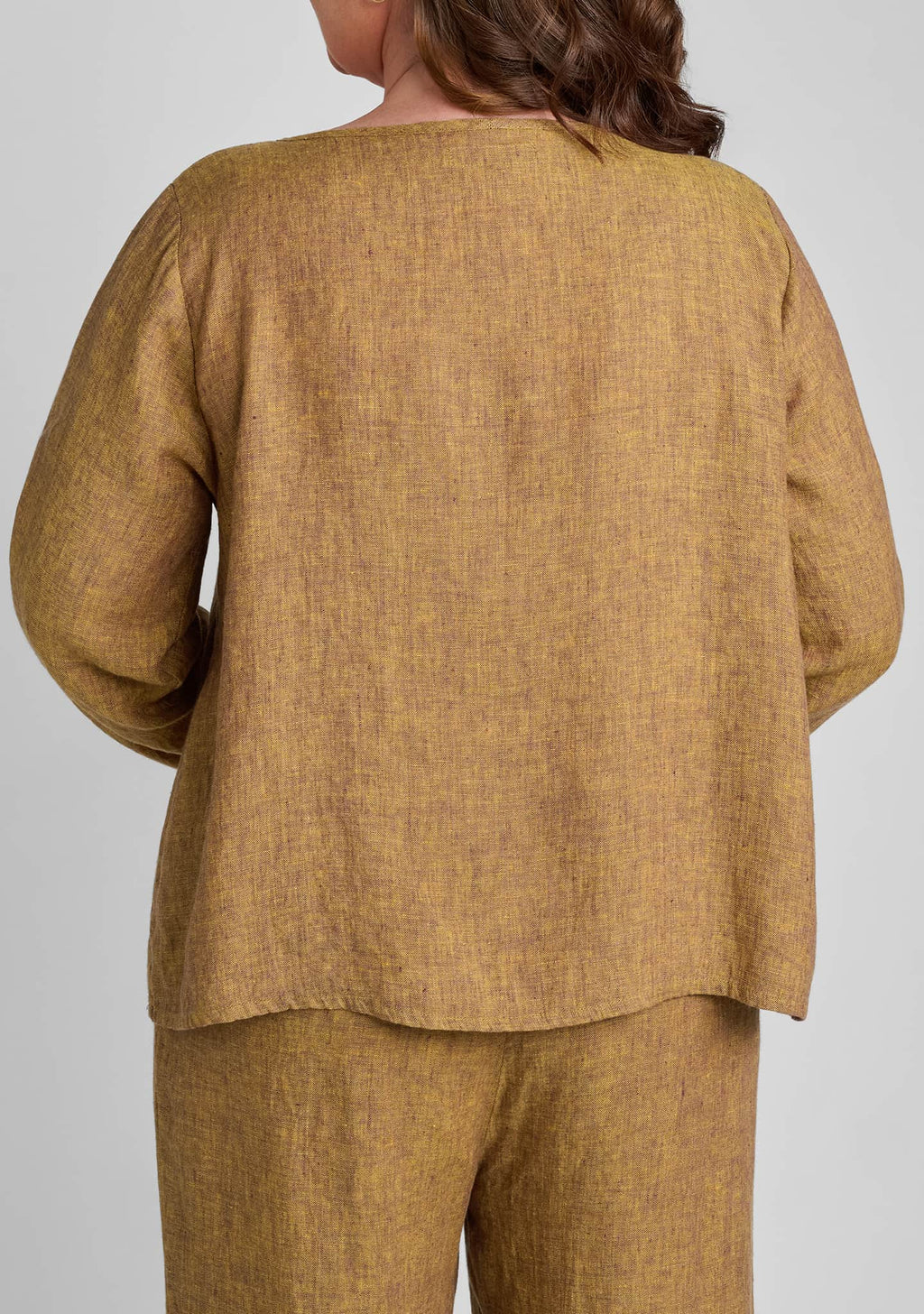 back view of linen pullover in brown