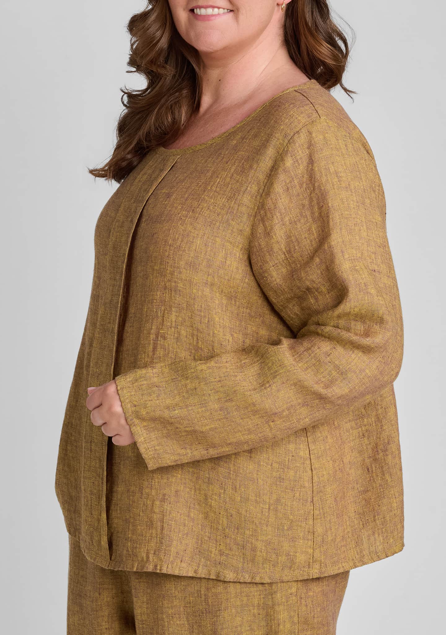 side view of linen pullover in brown