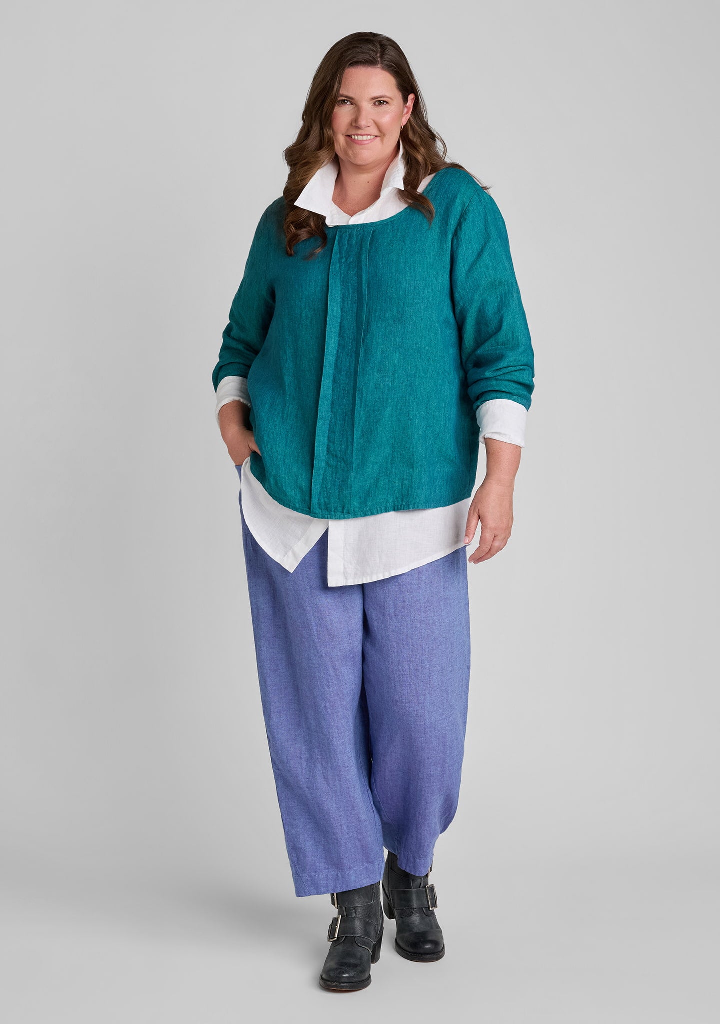 FLAX linen pullover in green with linen blouse in white and linen pants in purple