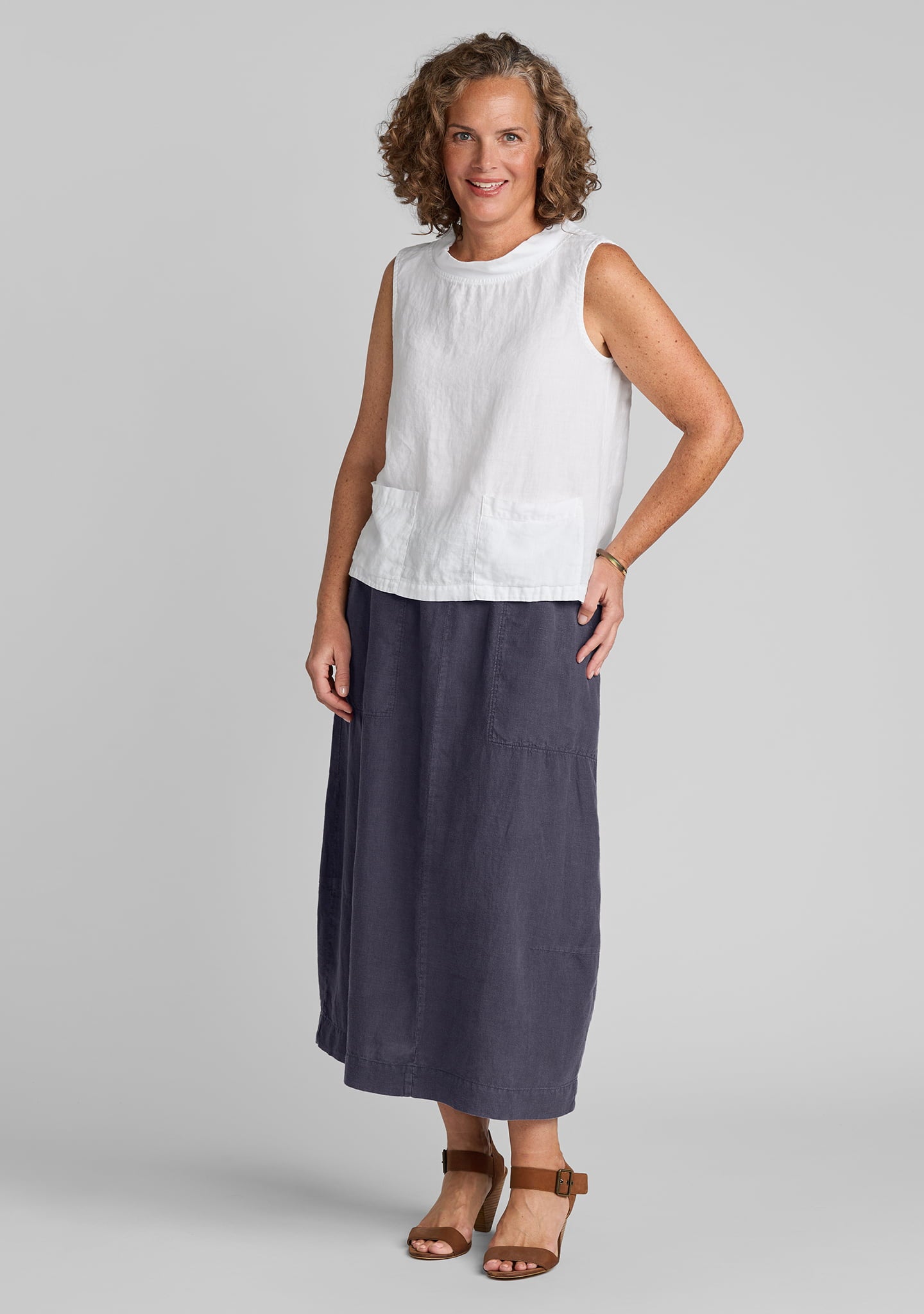 FLAX linen tank top in white with linen skirt in blue