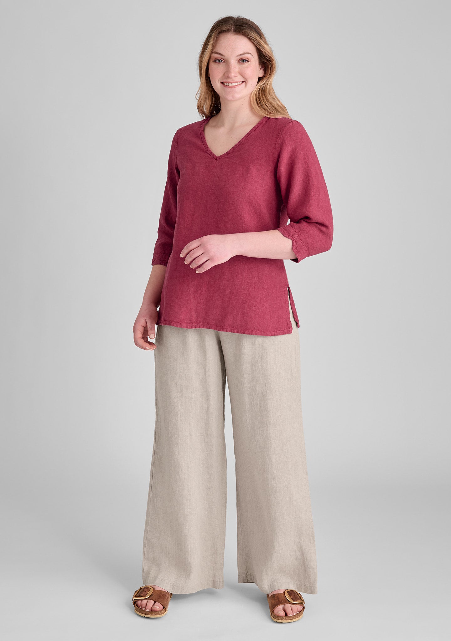 FLAX linen shirt in red with linen pants in natural