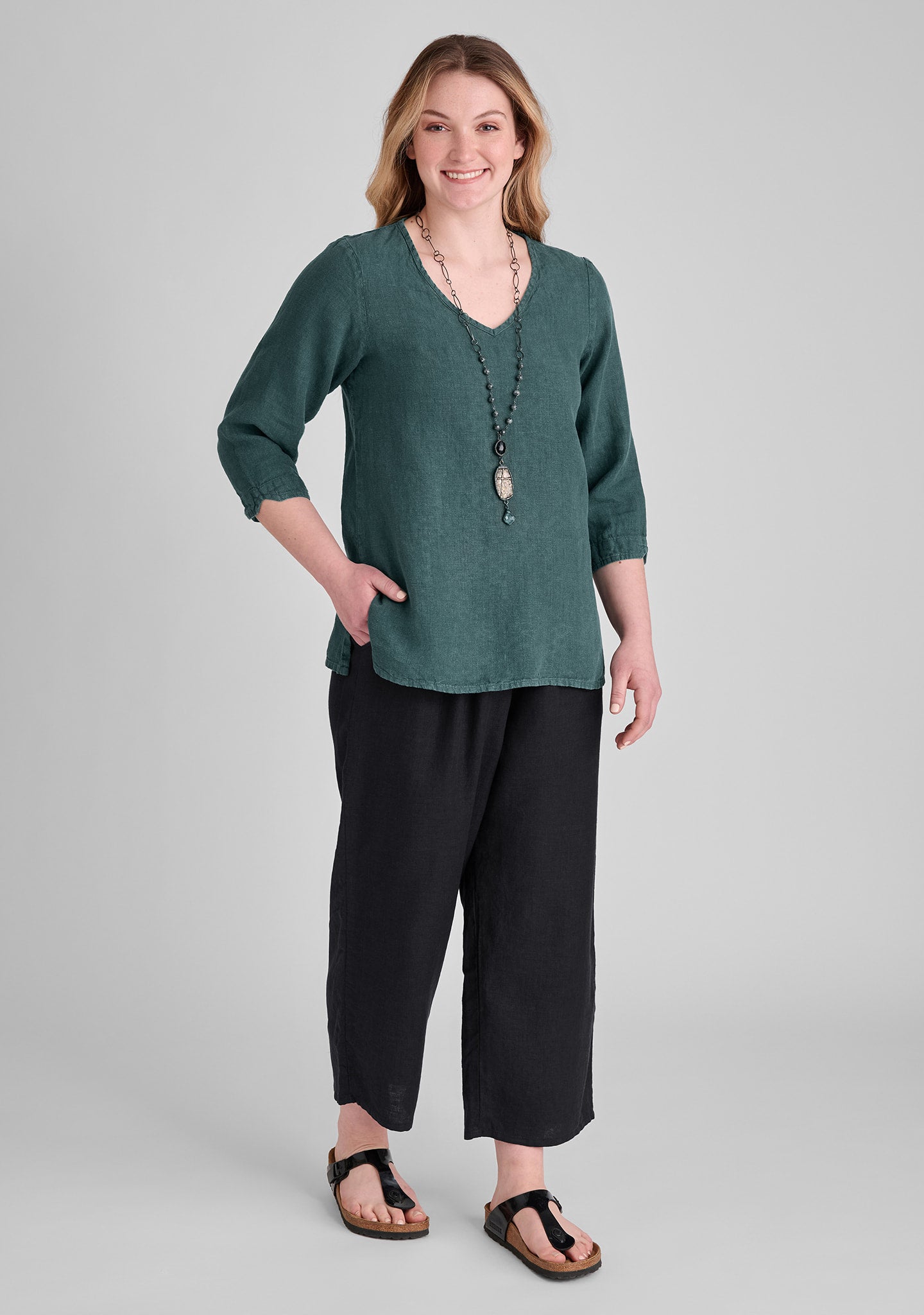 FLAX linen shirt in green with linen pants in black