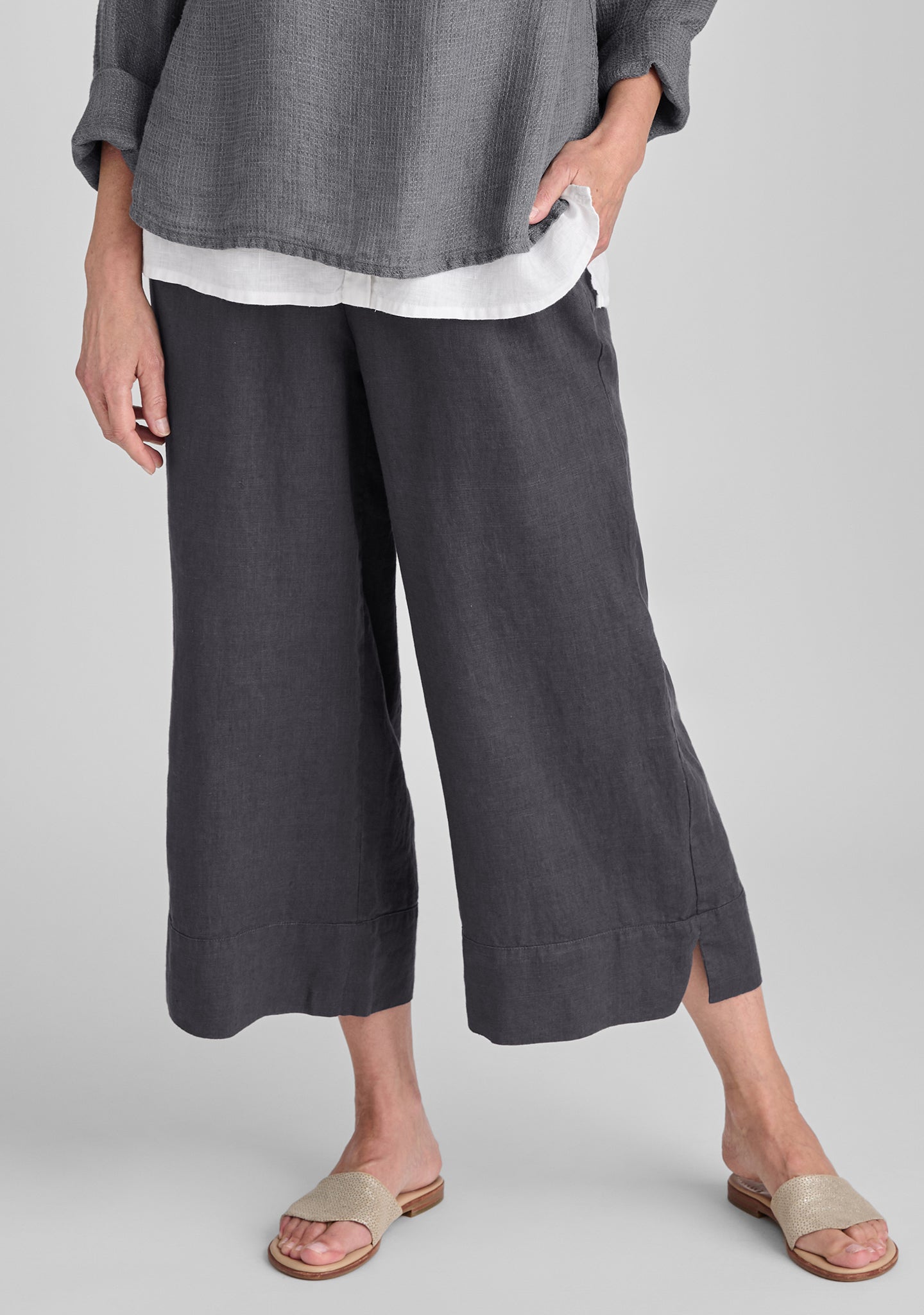 vented cuff pant linen pants with elastic waist grey