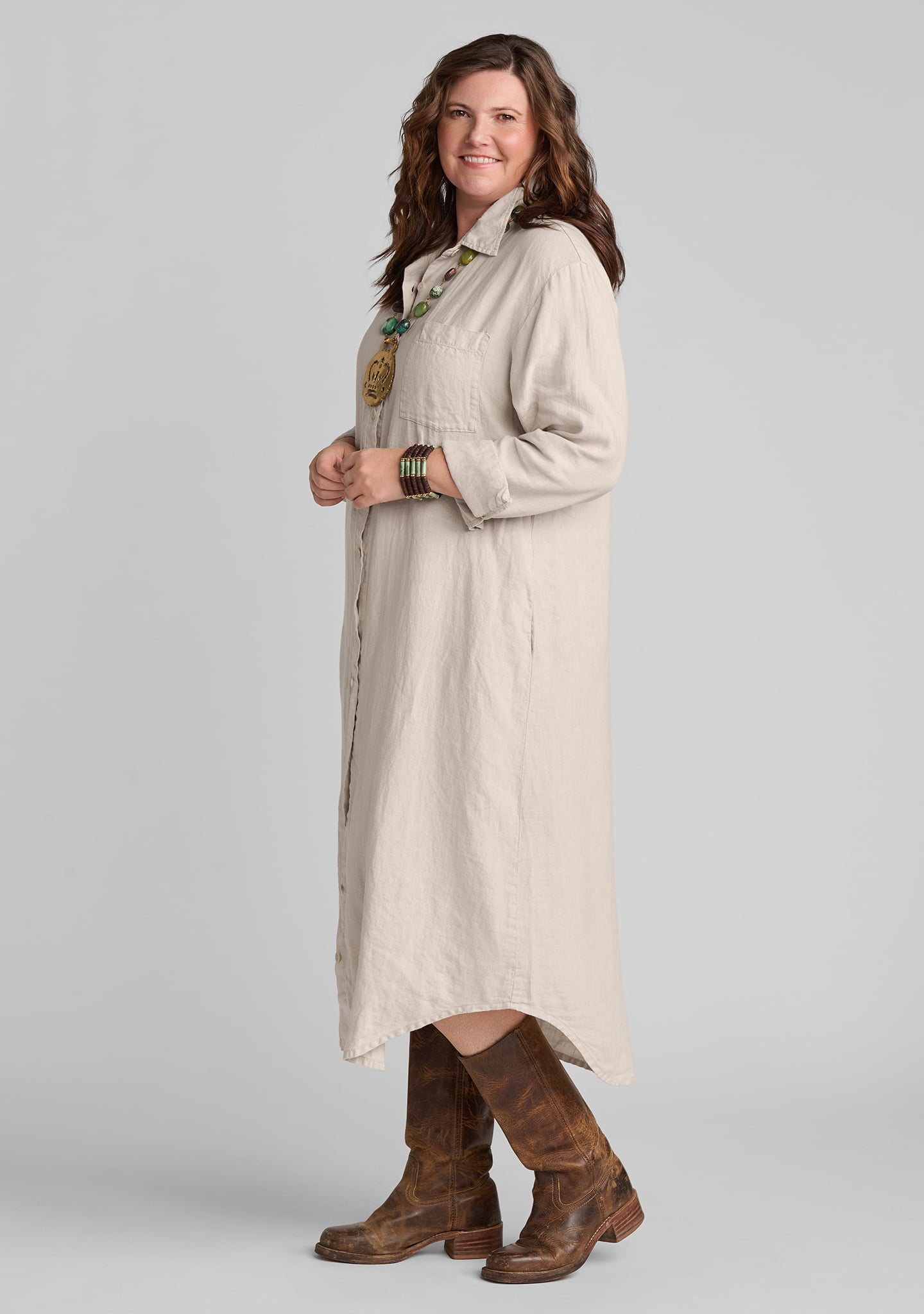 ミミ Women's Linen Blend A-Line Maxi Dress – Long Sleeve, Pleated