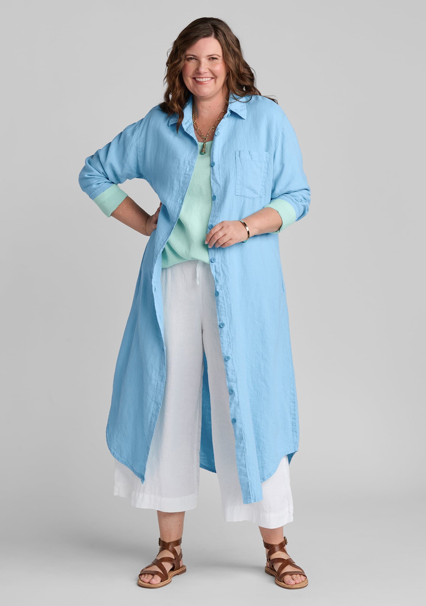 FLAX linen dress in blue with linen shirt in green and linen pants in white