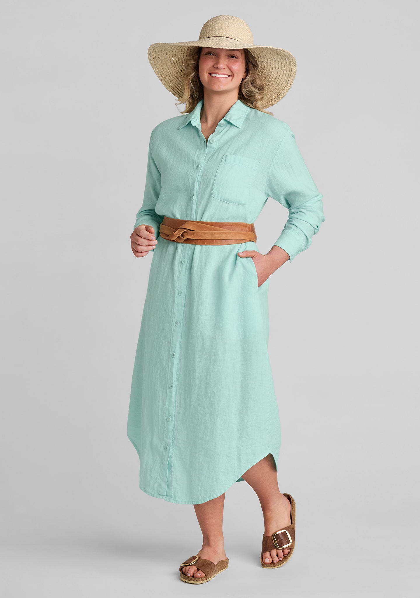Women's Linen Blend A-Line Maxi Dress – Long Sleeve, Pleated