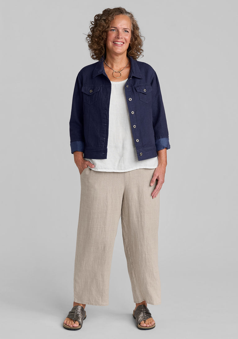 linen cotton jacket in blue with FLAX linen tank in white and linen pants in natural