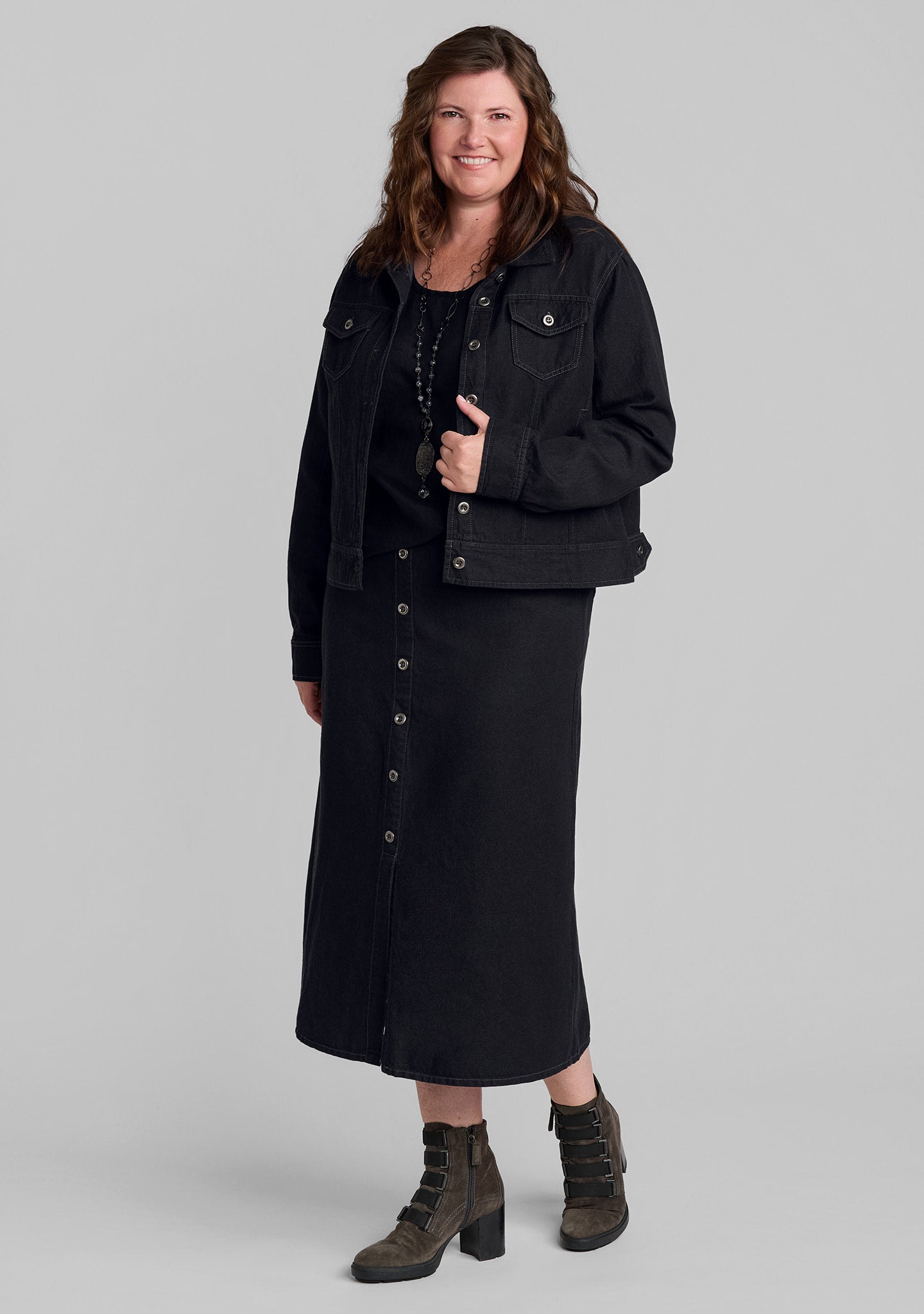 linen cotton jacket in black with FLAX linen t shirt in black and linen cotton skirt in black