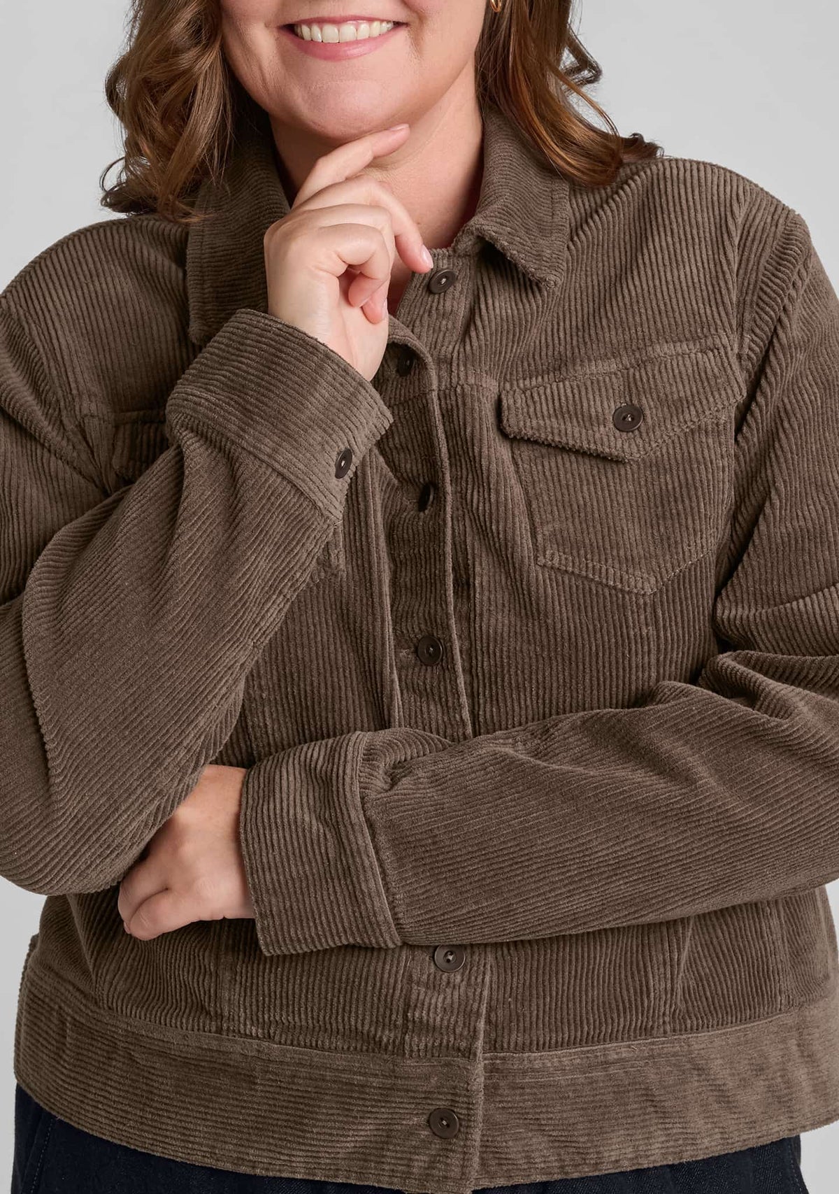 close up of buttons and details on brown jacket