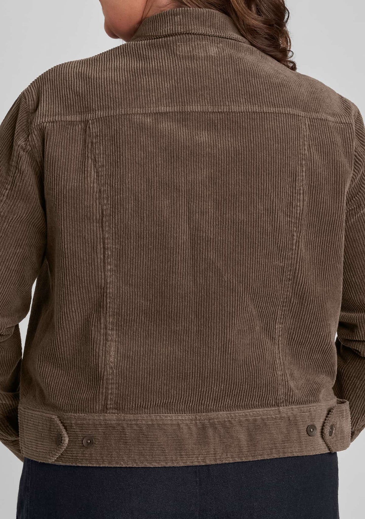 back view of corduroy jacket in brown