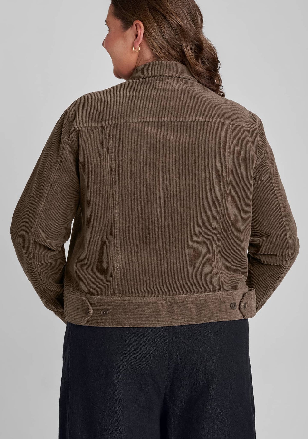 back view of corduroy jacket in brown full view