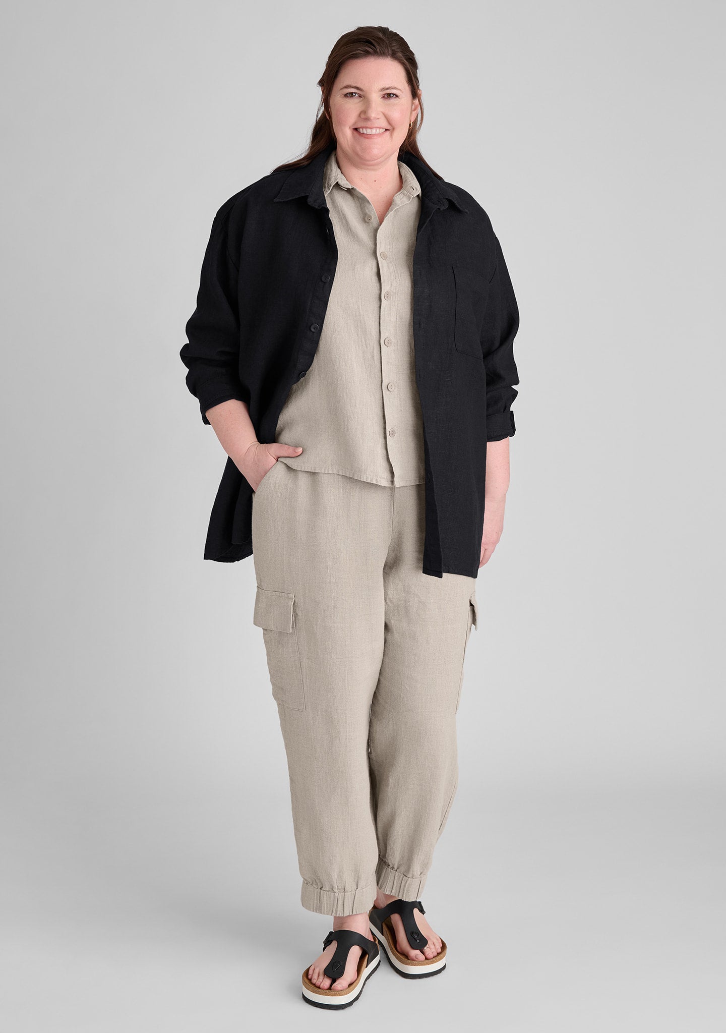 FLAX linen shirt in black with linen shirt in natural and linen pants in natural
