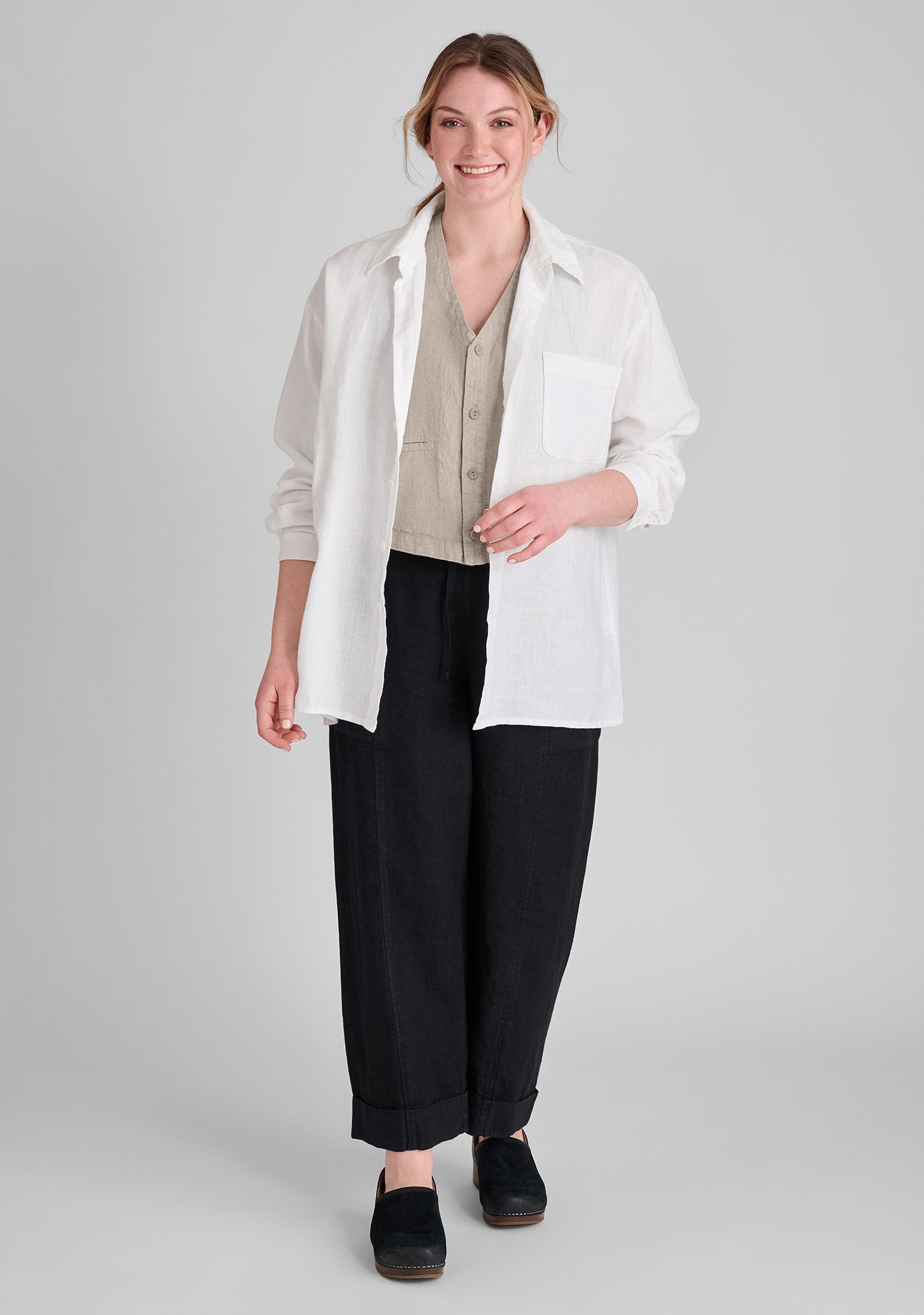 FLAX linen shirt in white with linen vest in natural and linen pants in black
