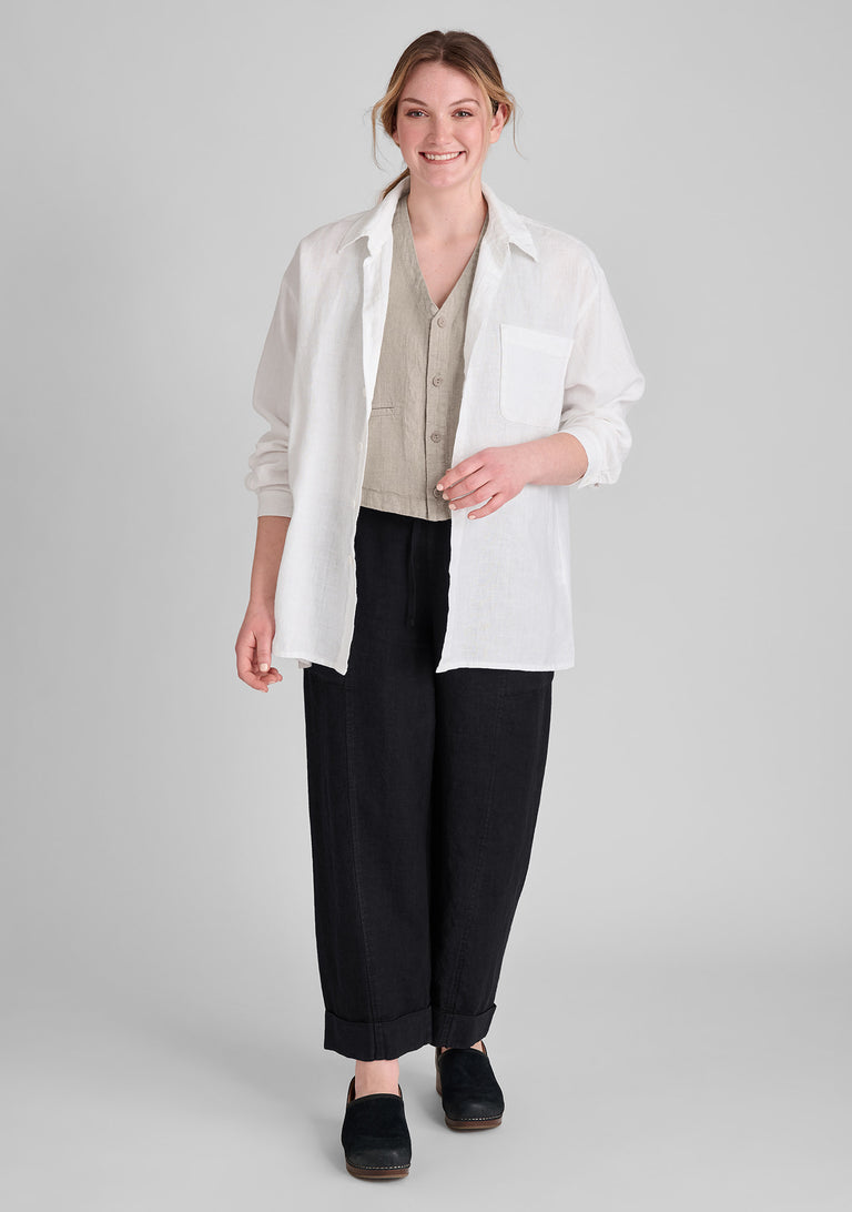 FLAX linen shirt in white with linen vest in natural and linen pants in black