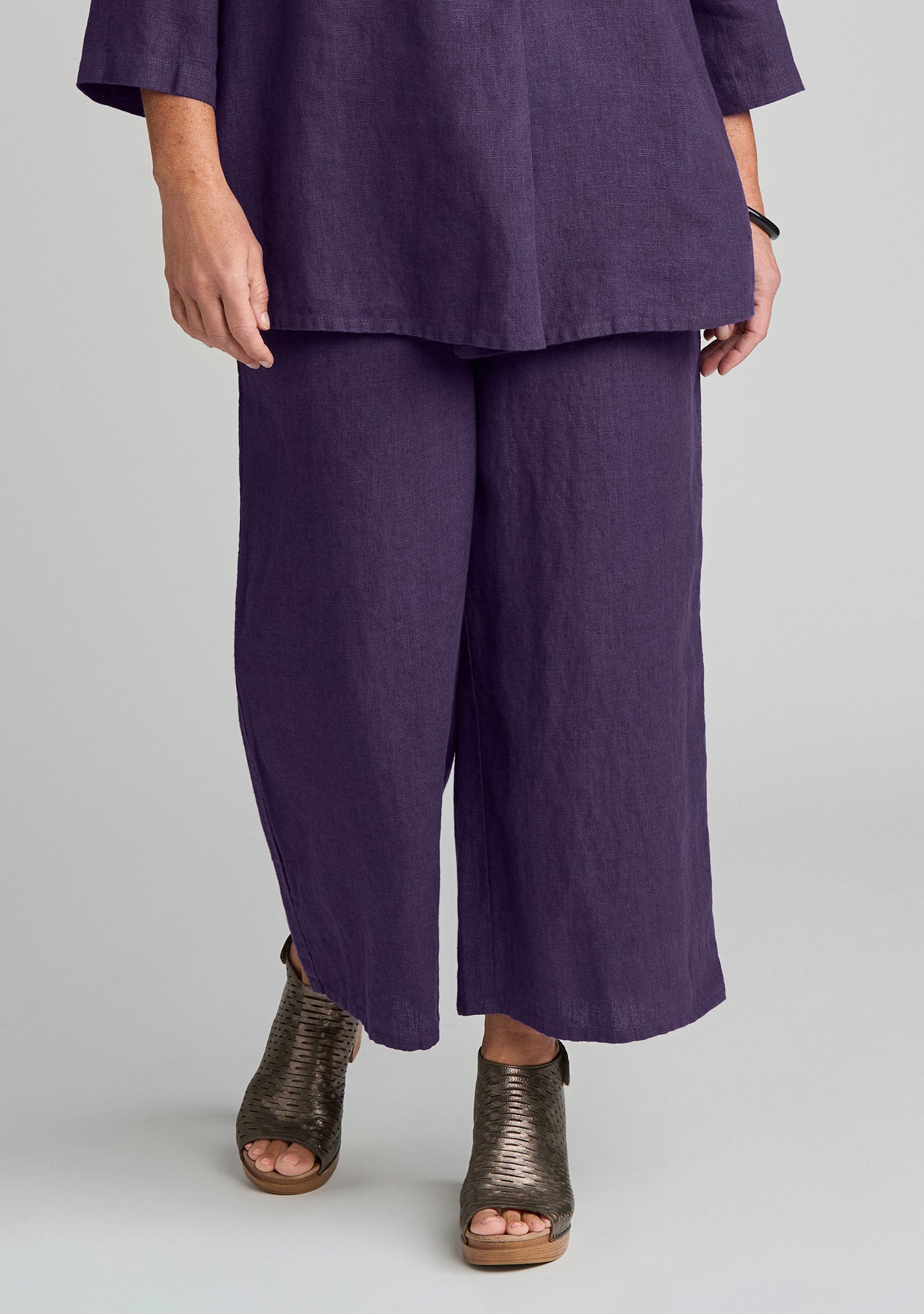 wide leg flood linen pants with elastic waist purple