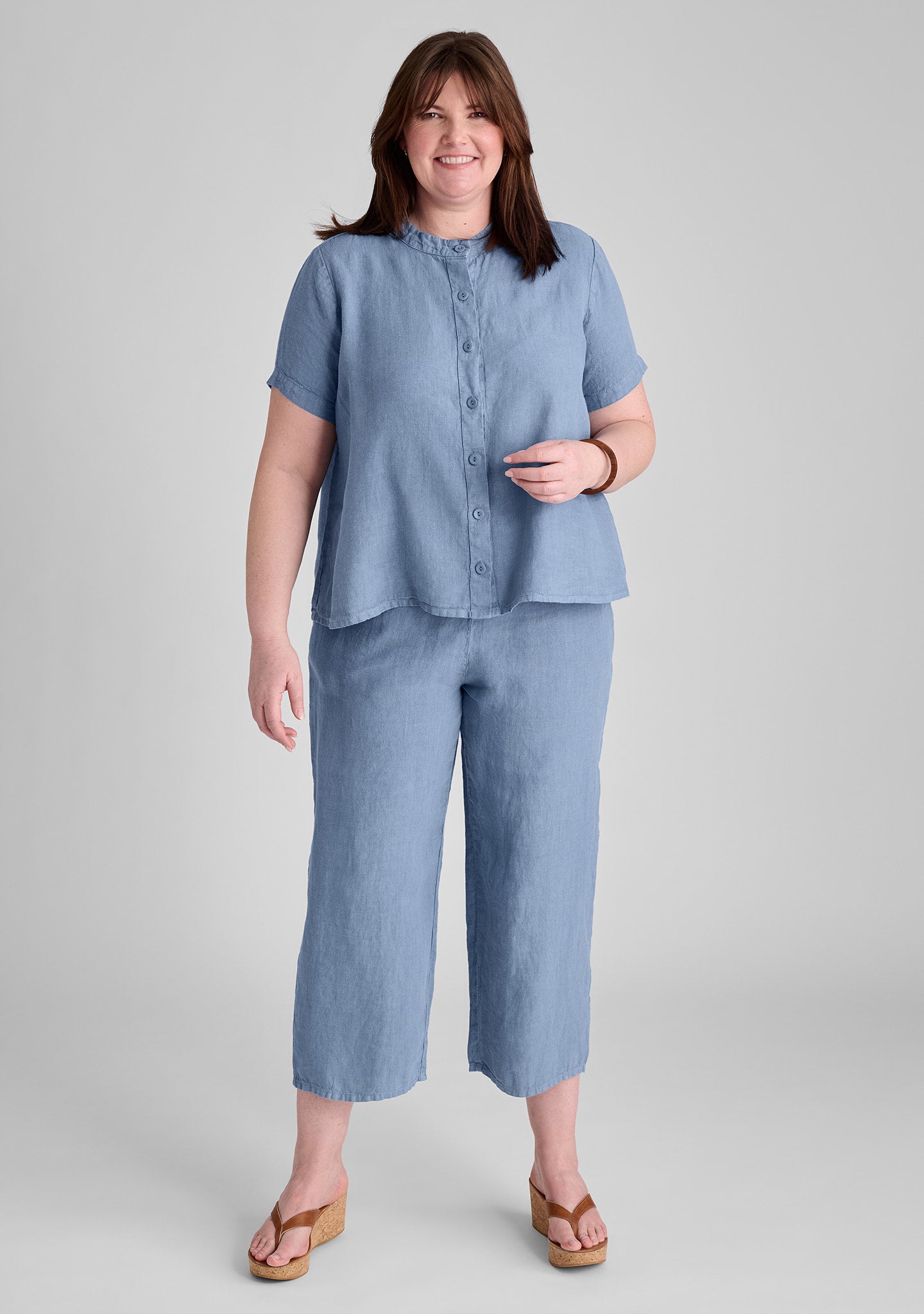 full outfit matching linen set light blue linen shirt and light blue linen pant zdenka blouse linen top details