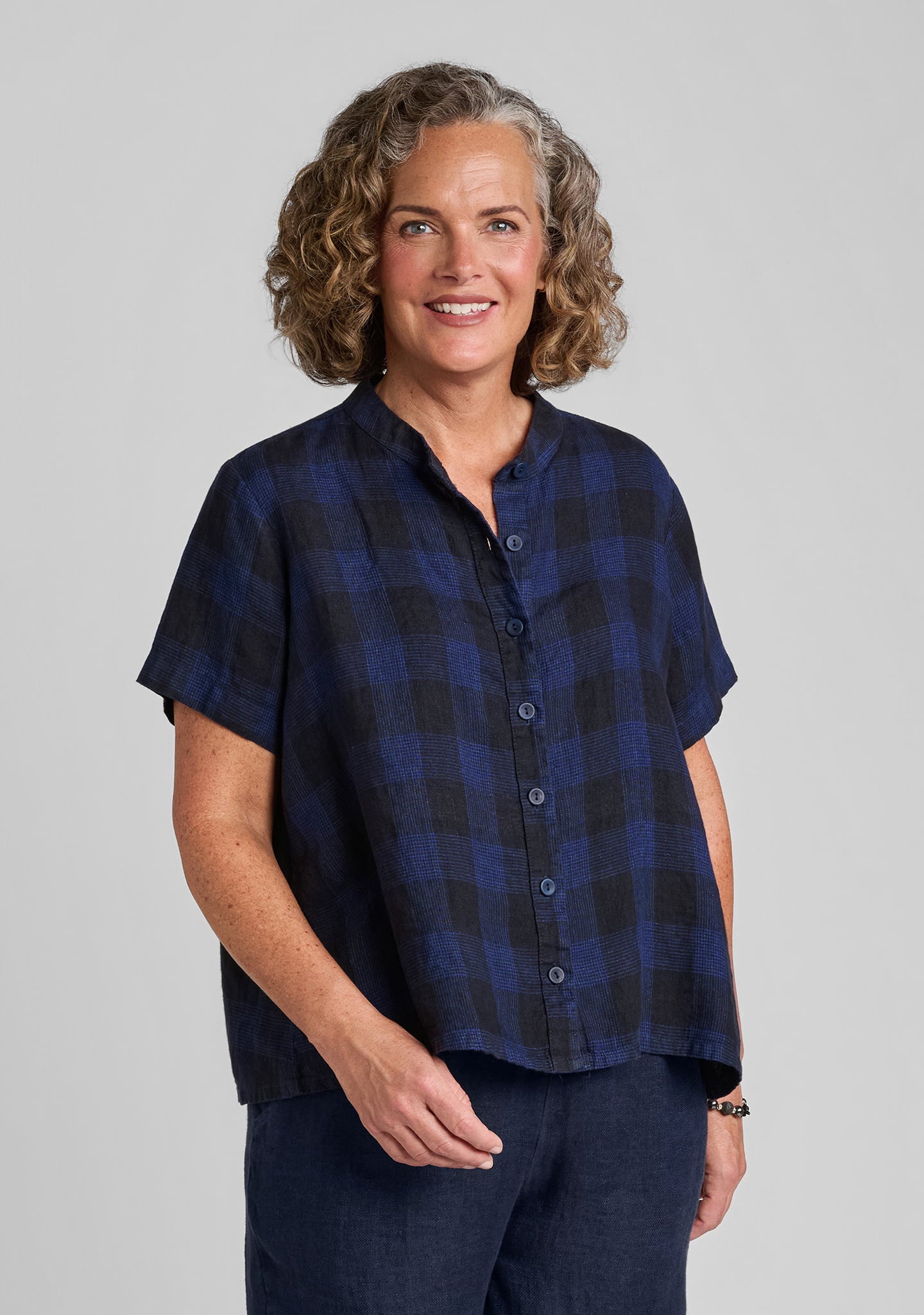 zdenka blouse short sleeve linen shirt blue plaid