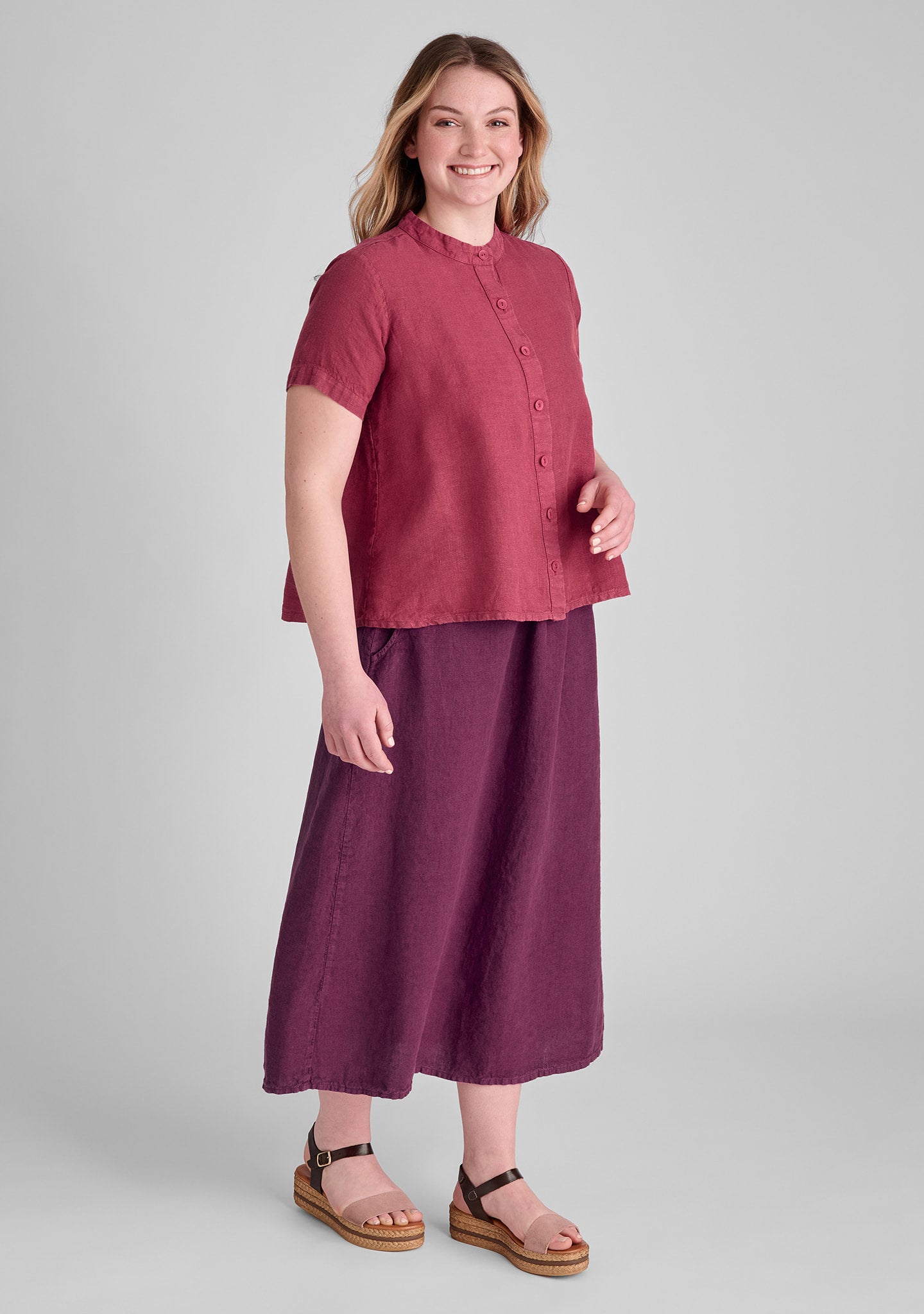 FLAX linen blouse in red with linen pants in purple