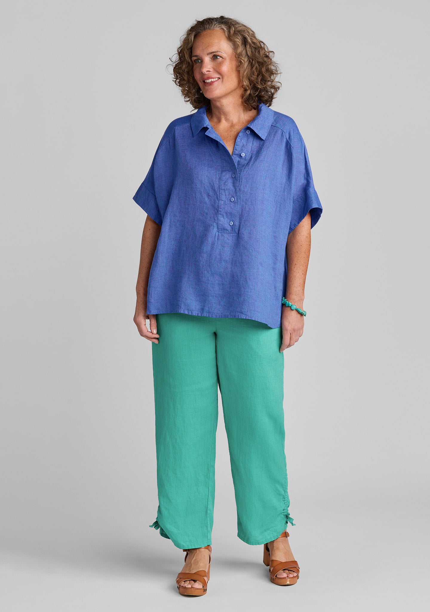 FLAX linen shirt in blue with linen pants in green