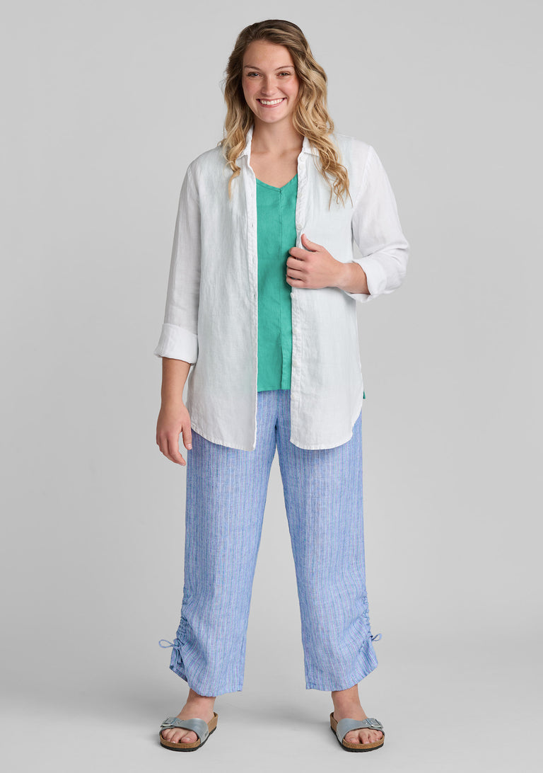 FLAX linen shirt in white with linen tank in green and linen pants in blue