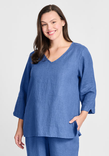 v pullover linen shirt blue
