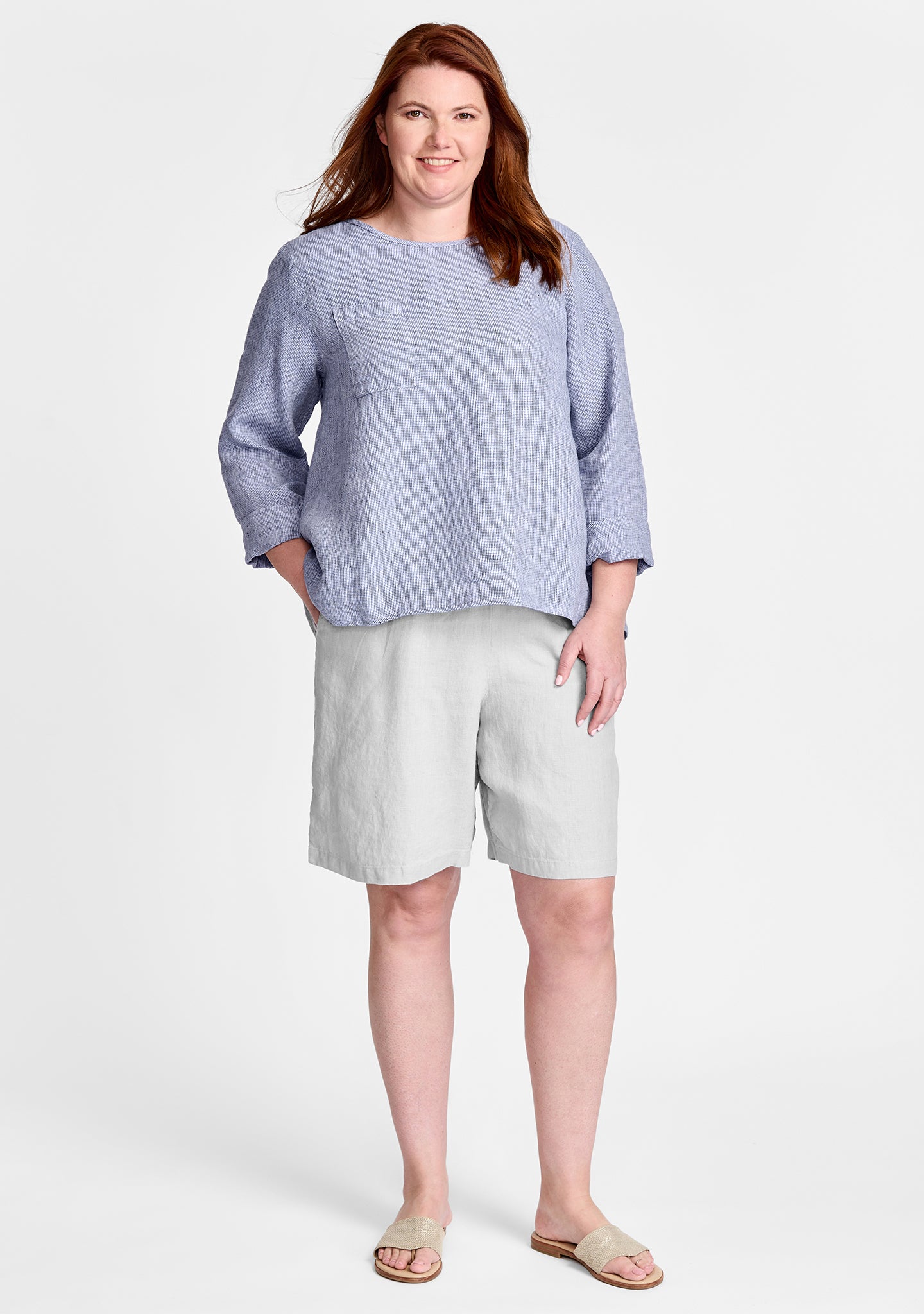 FLAX linen shirt in blue with linen shorts in grey