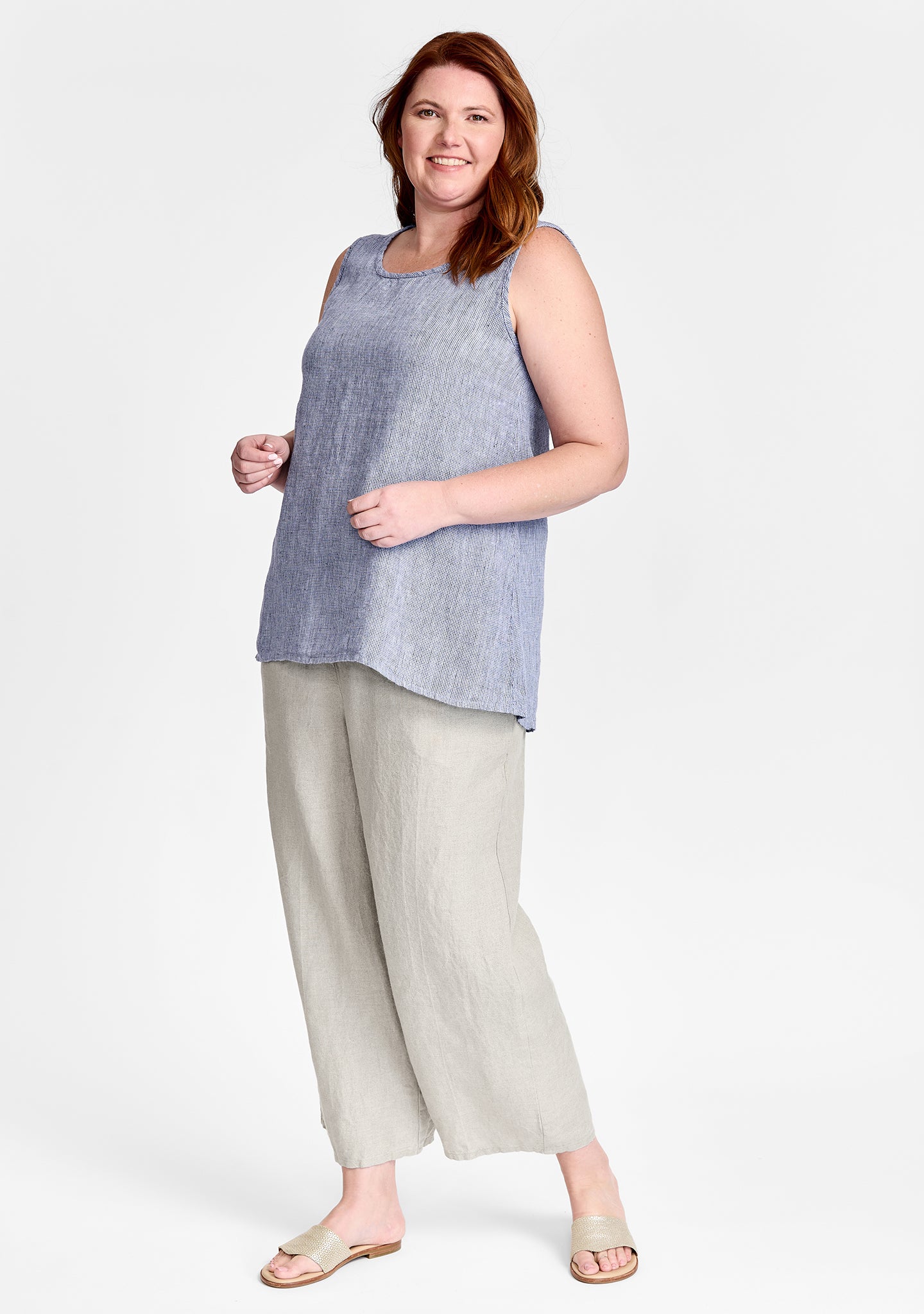 FLAX linen tank in blue with linen pants in natural