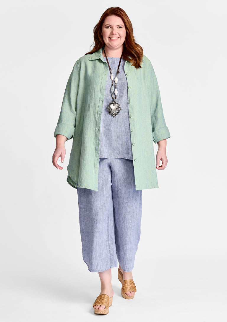 FLAX linen blouse in green with linen tee in blue with linen pants in blue